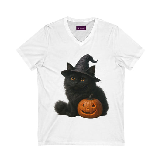 Halloween Cat V-Neck Tee, Funny Cat Shirt, Spooky Pet Lover Shirt, Halloween Costume Tee, Autumn Fashion, Cat Mom Gift