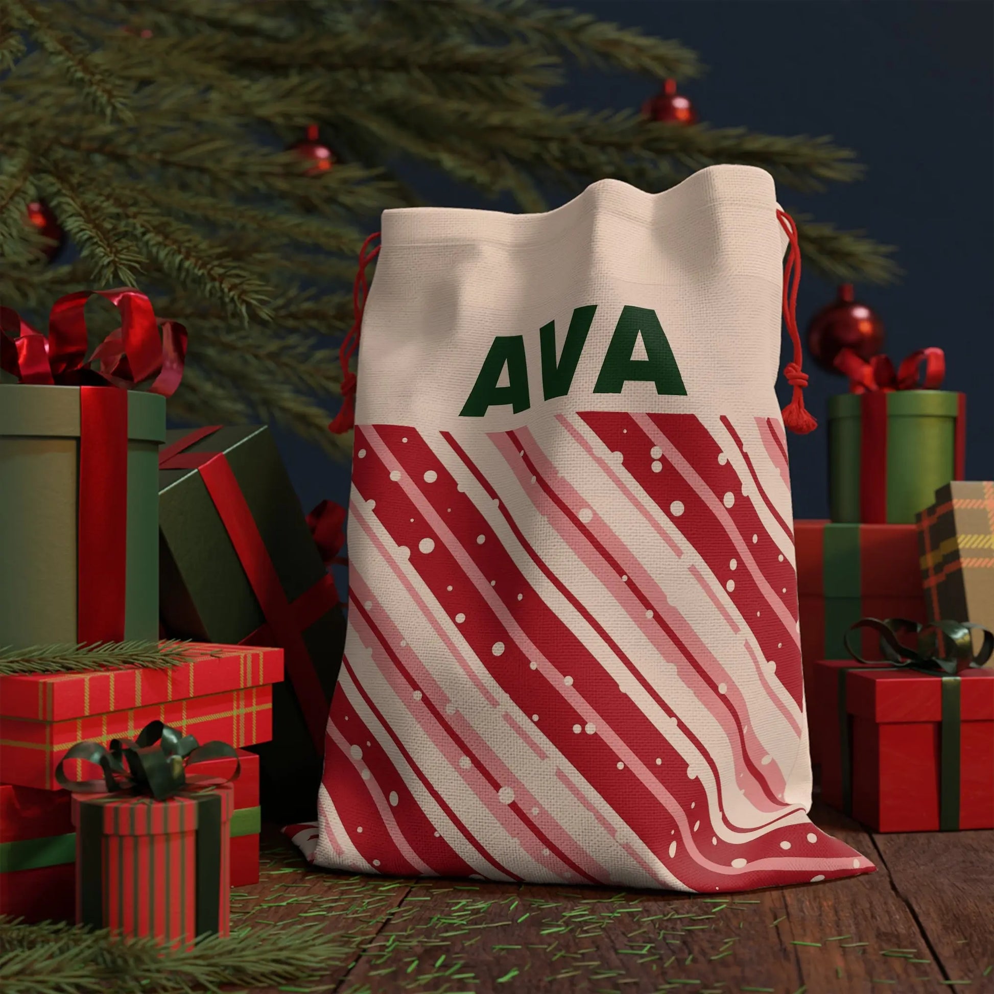 Personalized Candy Cane Stripe Gift Bag — Custom Name Holiday Drawstring Sack Printify