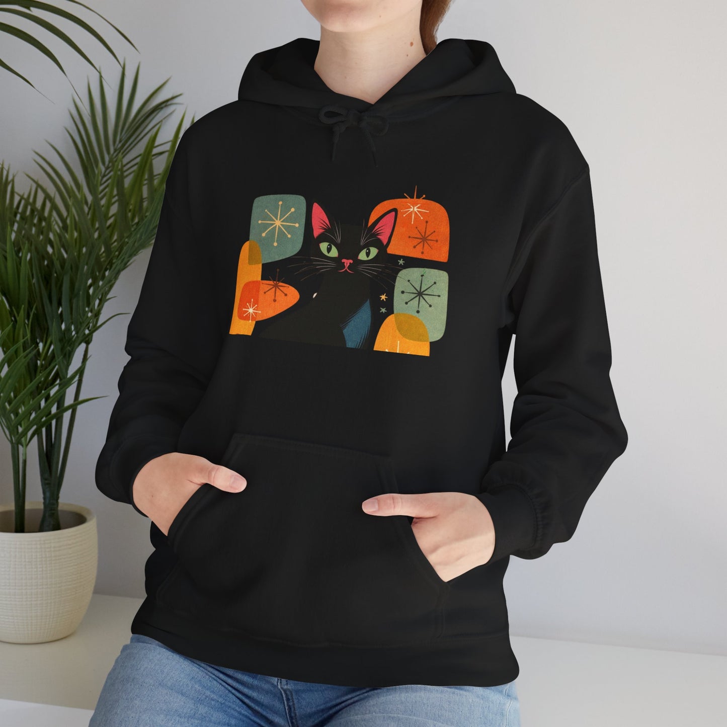 Mid-Century Modern Cat Hoodie — Retro Cool Graphic Sweatshirt