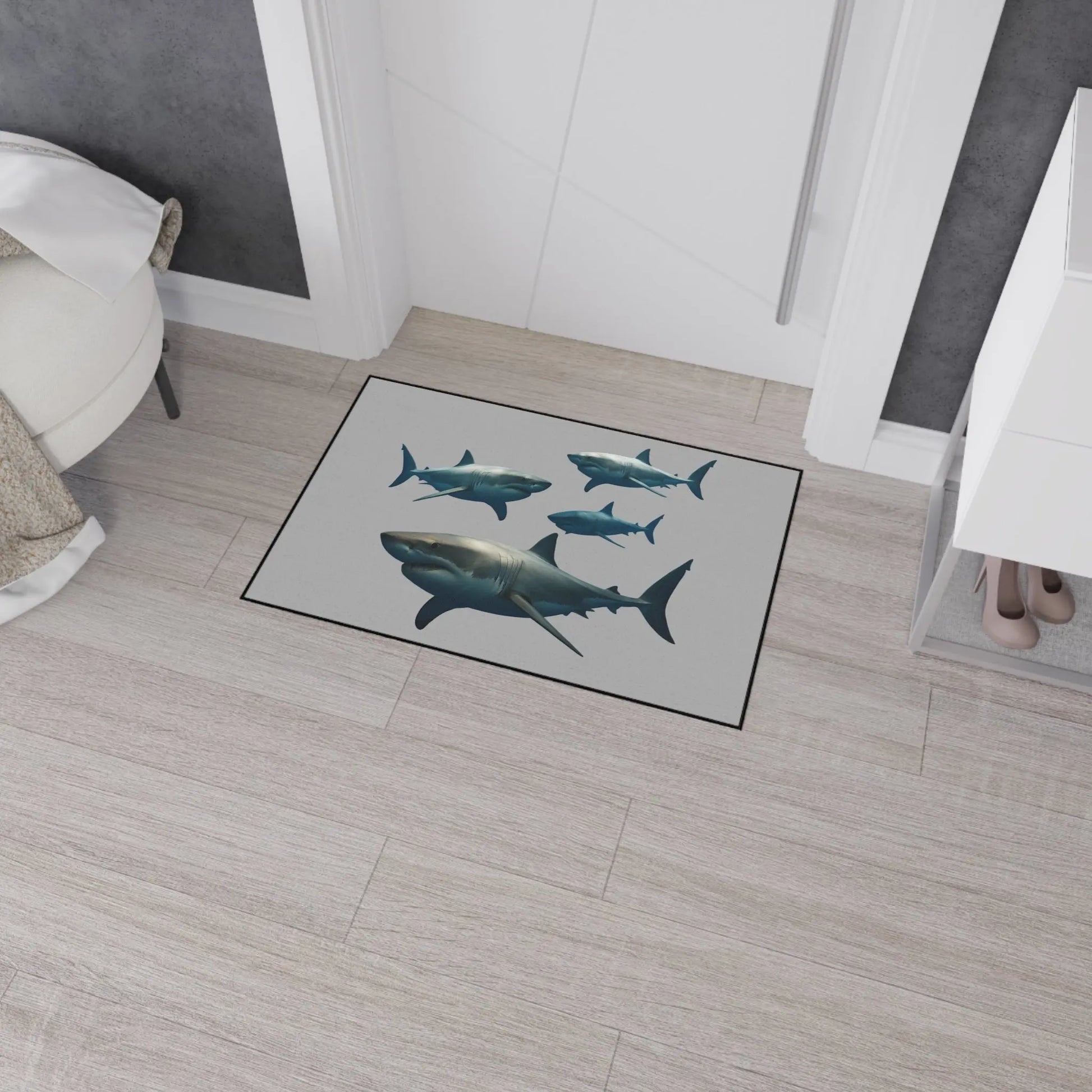 Shark School Heavy-Duty Floor Mat — Durable Ocean Shark Rug for Entryway, Garage, or Bathroom Printify