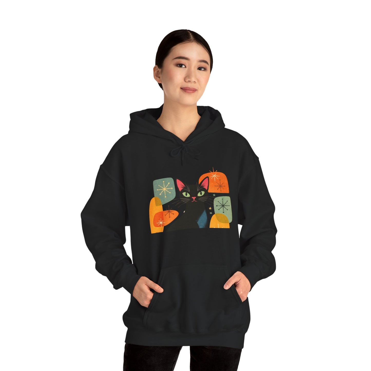Mid-Century Modern Cat Hoodie — Retro Cool Graphic Sweatshirt