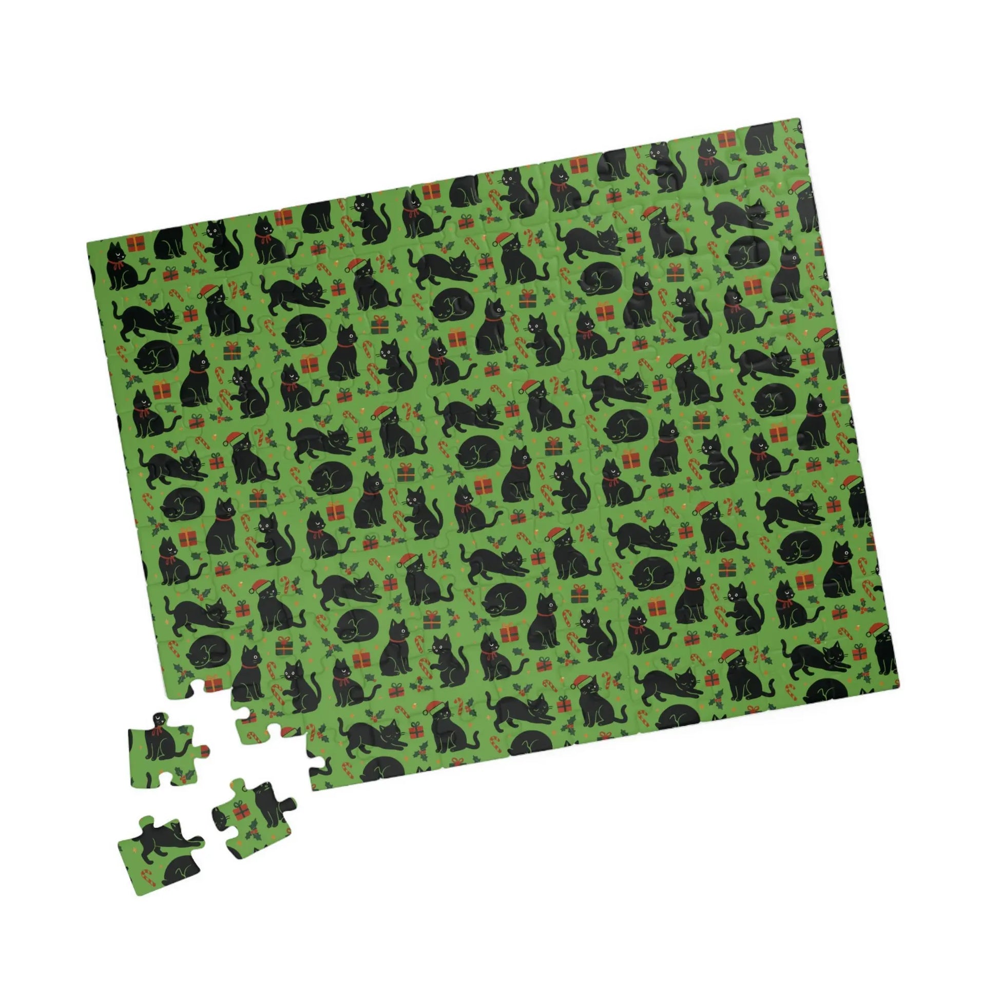 Green Christmas Cats Puzzle – Spooky Cat Pattern Jigsaw (110/252/520/1014 pcs) Printify