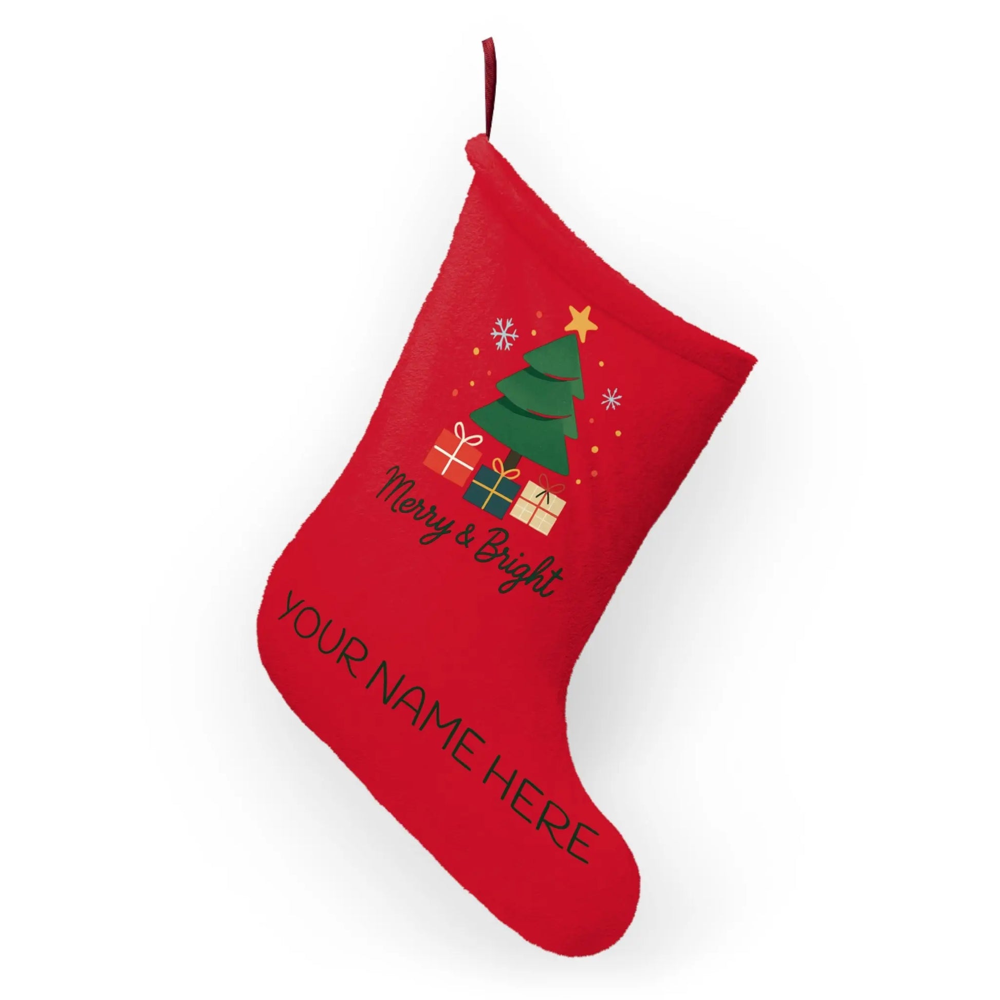 Personalized 'Merry & Bright' Christmas Stocking — Red Holiday Stocking with Name Printify
