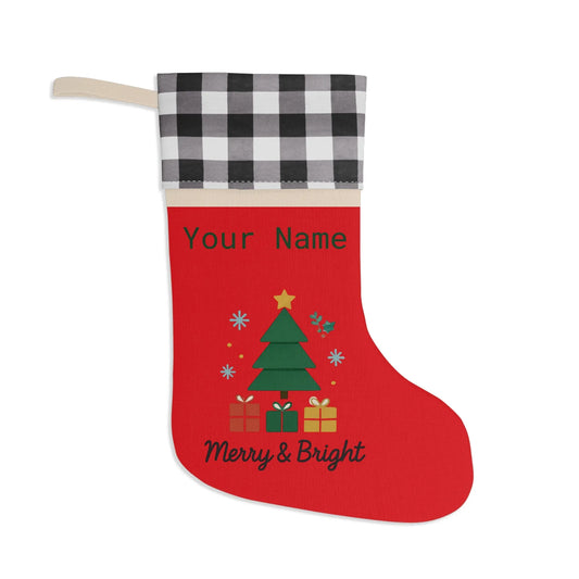 Personalized Merry & Bright Christmas Stocking – Buffalo Plaid Cuff, Custom Name Holiday Decor Printify