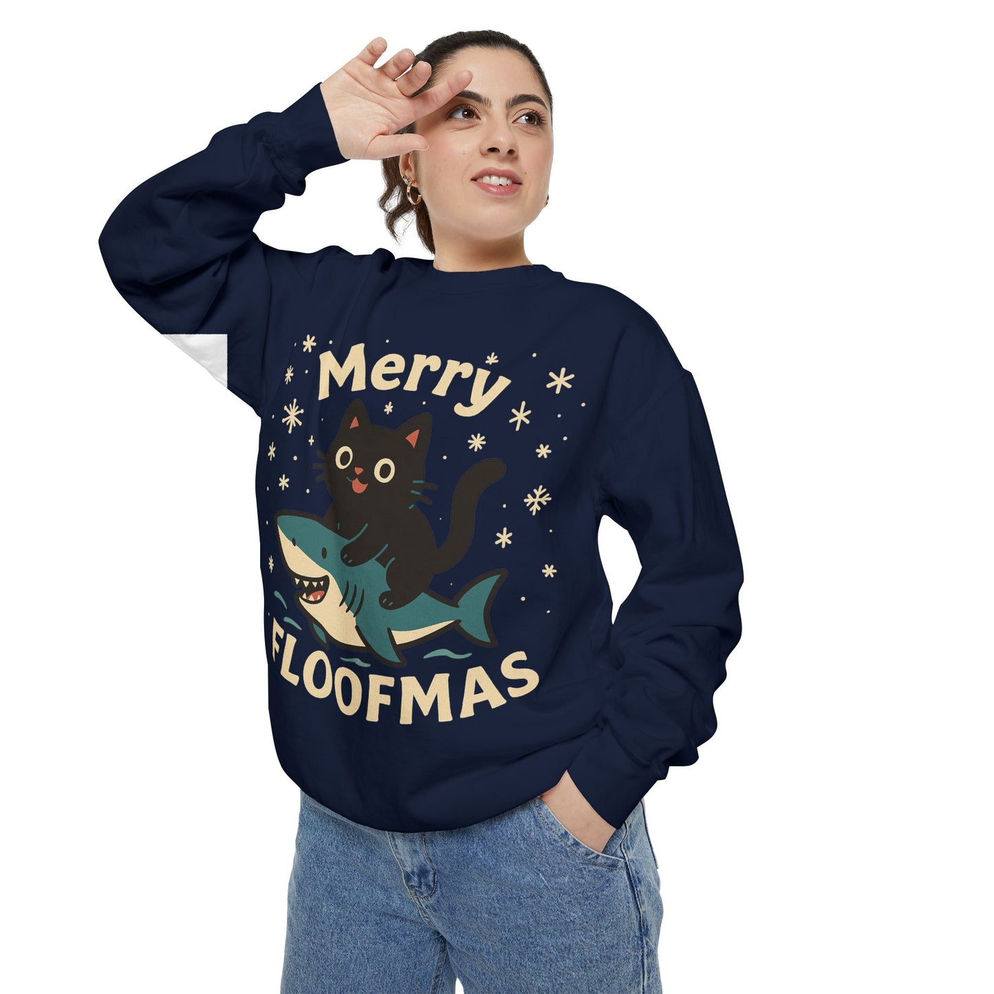Merry Floofmas Sweatshirt — Cute Cat Riding Shark Holiday Sweater