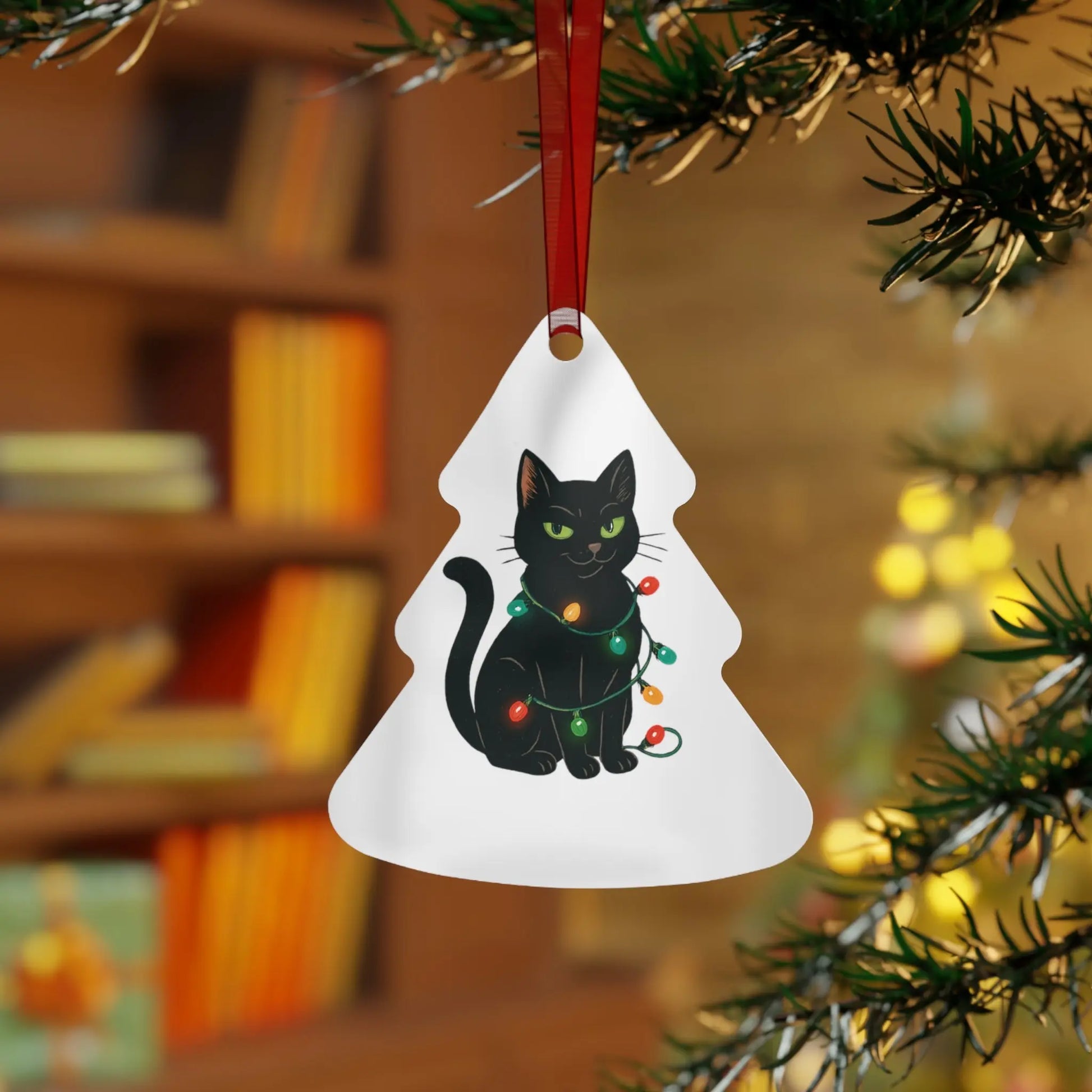 Bell Metal Ornament — Black Cat with Christmas Lights, “Definitely Naughty. Christmas 2025” Printify