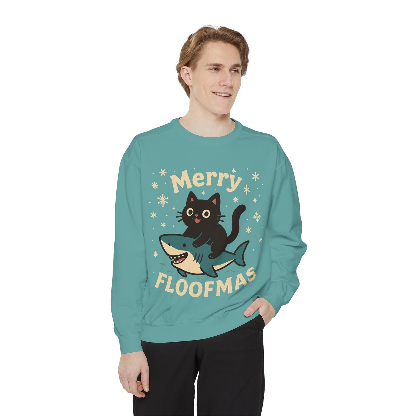 Merry Floofmas Sweatshirt — Cute Cat Riding Shark Holiday Sweater