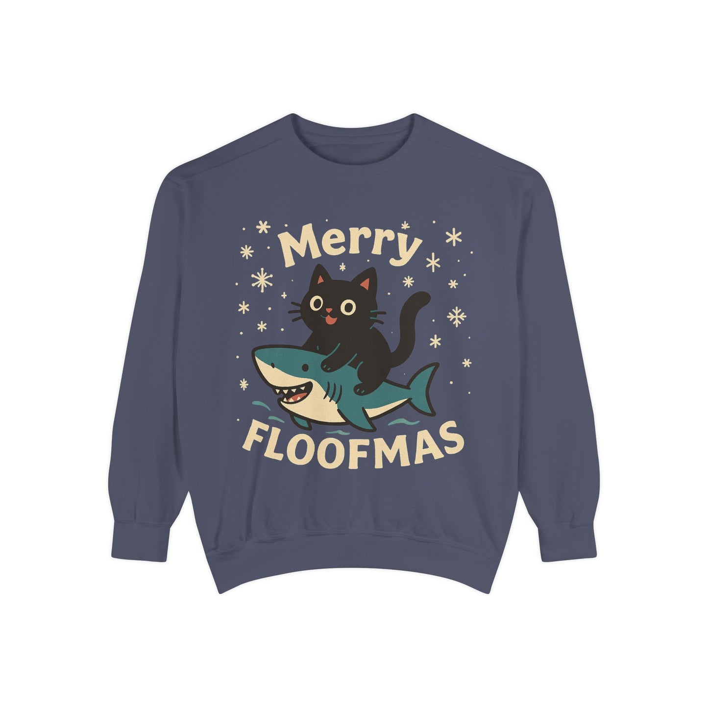 Merry Floofmas Sweatshirt — Cute Cat Riding Shark Holiday Sweater