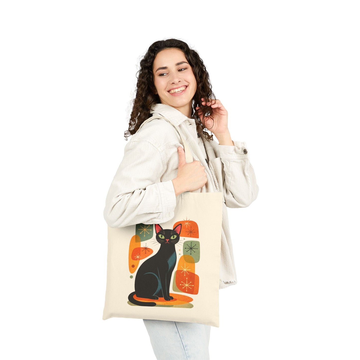 Retro Black Cat Graphic Canvas Tote Bag