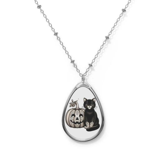 Oval Necklace, Black Cat Jewelry, Pumpkin Charm Pendant, Fall Season Accessory, Halloween Cat Necklace, Pet Lover Gift, Halloween Jewelry,