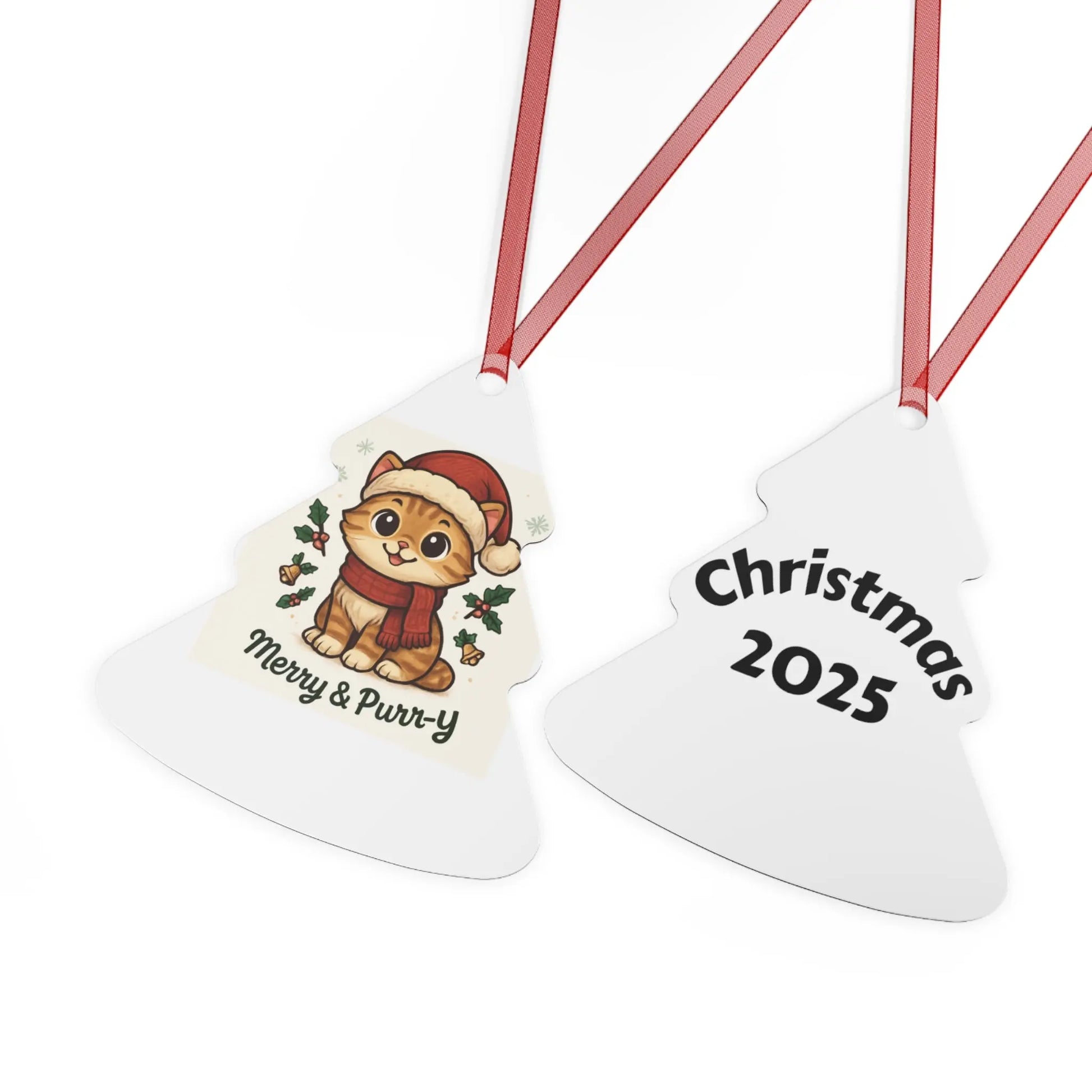 Christmas Cat Ornament - Merry & Purr-Y 2025 Metal Ornament Printify