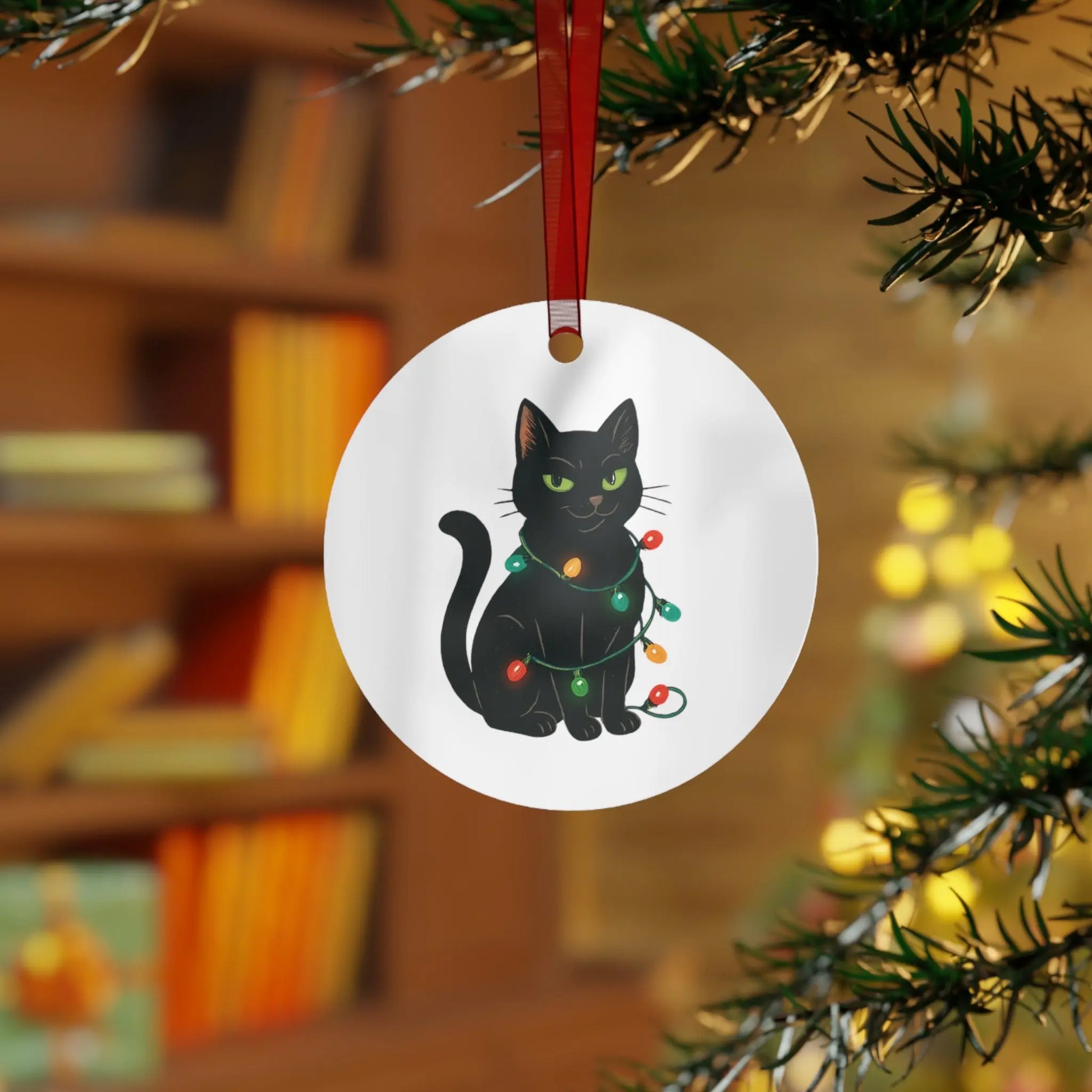Bell Metal Ornament — Black Cat with Christmas Lights, “Definitely Naughty. Christmas 2025” Printify