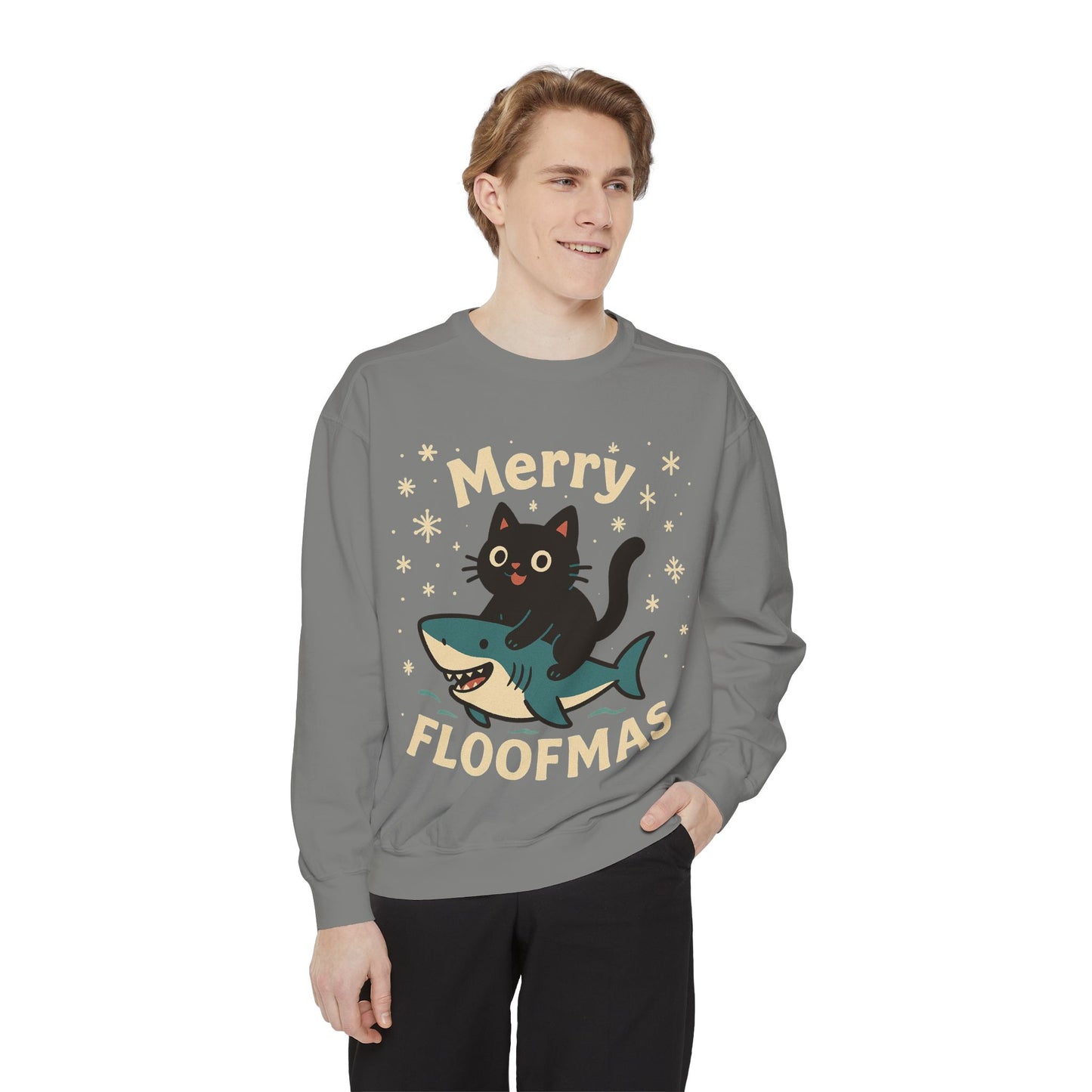 Merry Floofmas Sweatshirt — Cute Cat Riding Shark Holiday Sweater