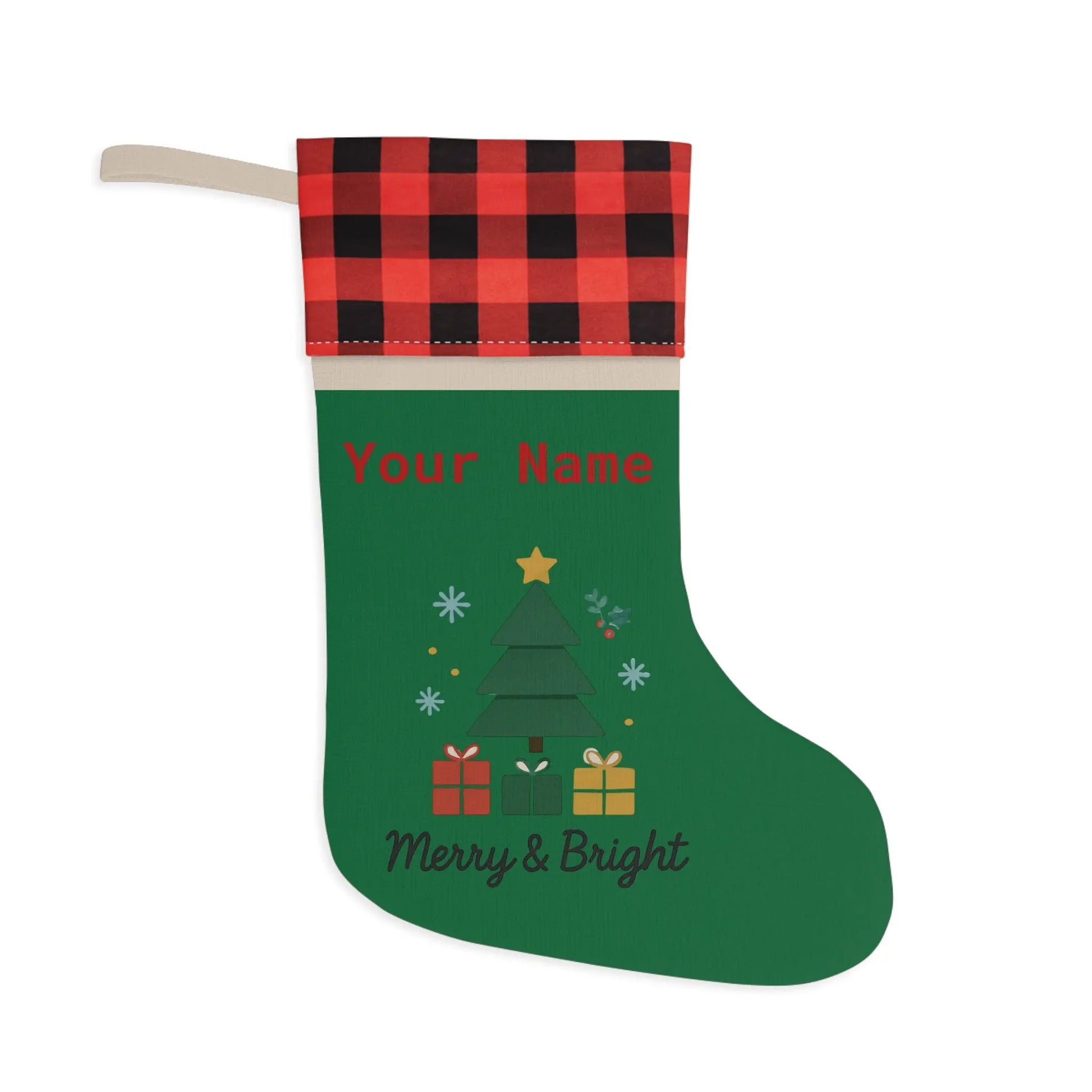 Personalized Merry & Bright Christmas Stocking – Buffalo Plaid Cuff, Custom Name Holiday Decor Printify