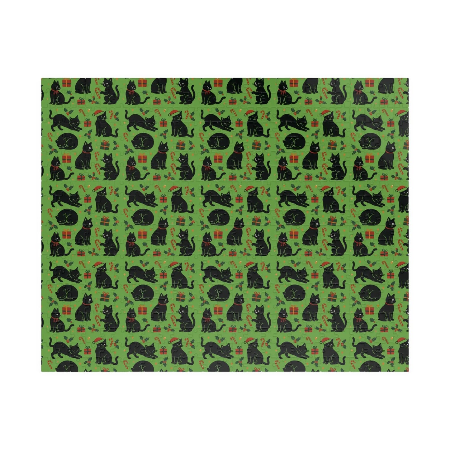 Green Christmas Cats Puzzle – Spooky Cat Pattern Jigsaw (110/252/520/1014 pcs) Printify