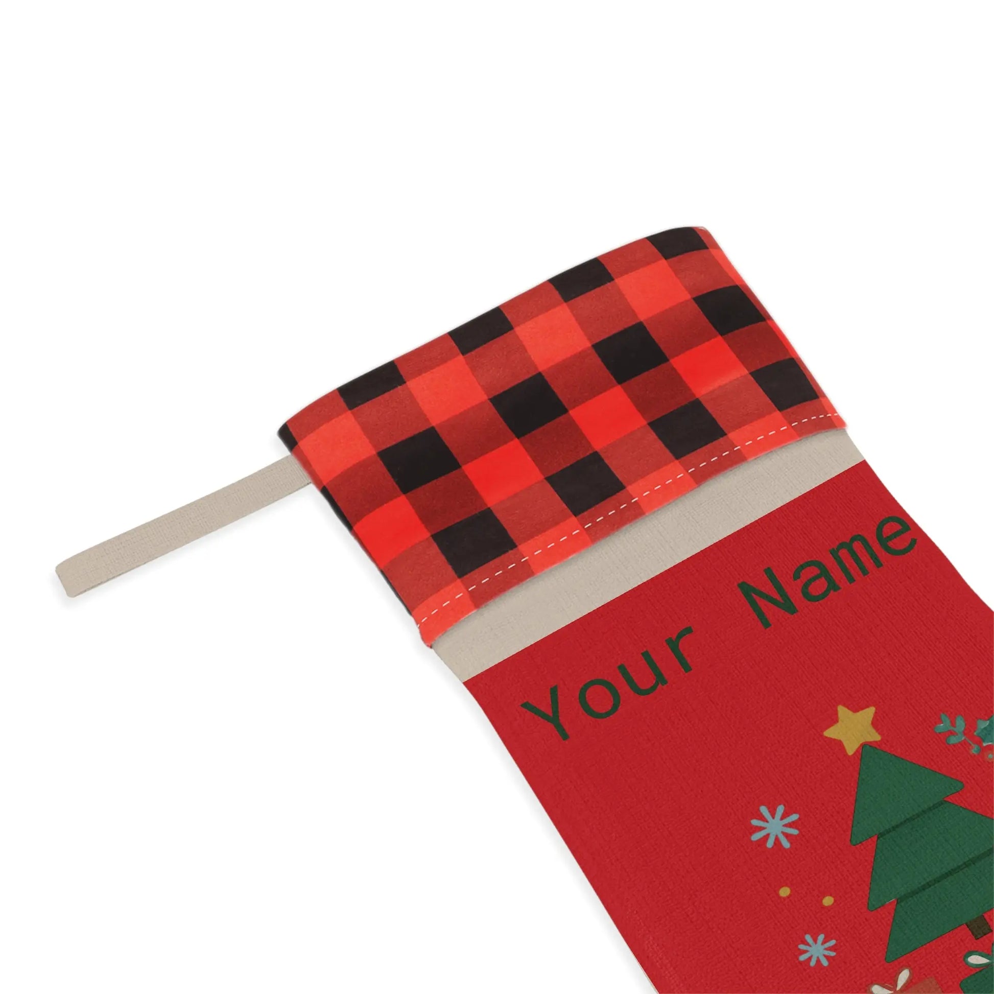 Personalized Merry & Bright Christmas Stocking – Buffalo Plaid Cuff, Custom Name Holiday Decor Printify