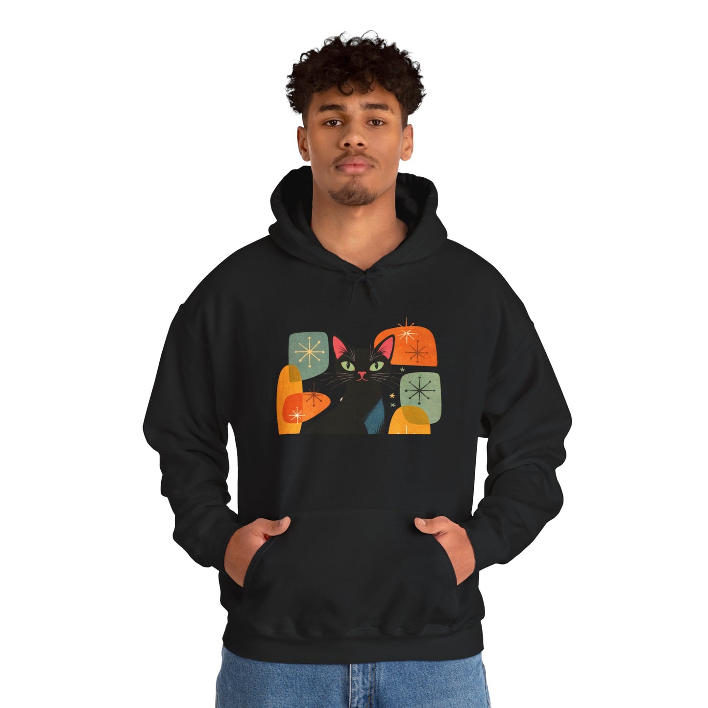 Mid-Century Modern Cat Hoodie — Retro Cool Graphic Sweatshirt