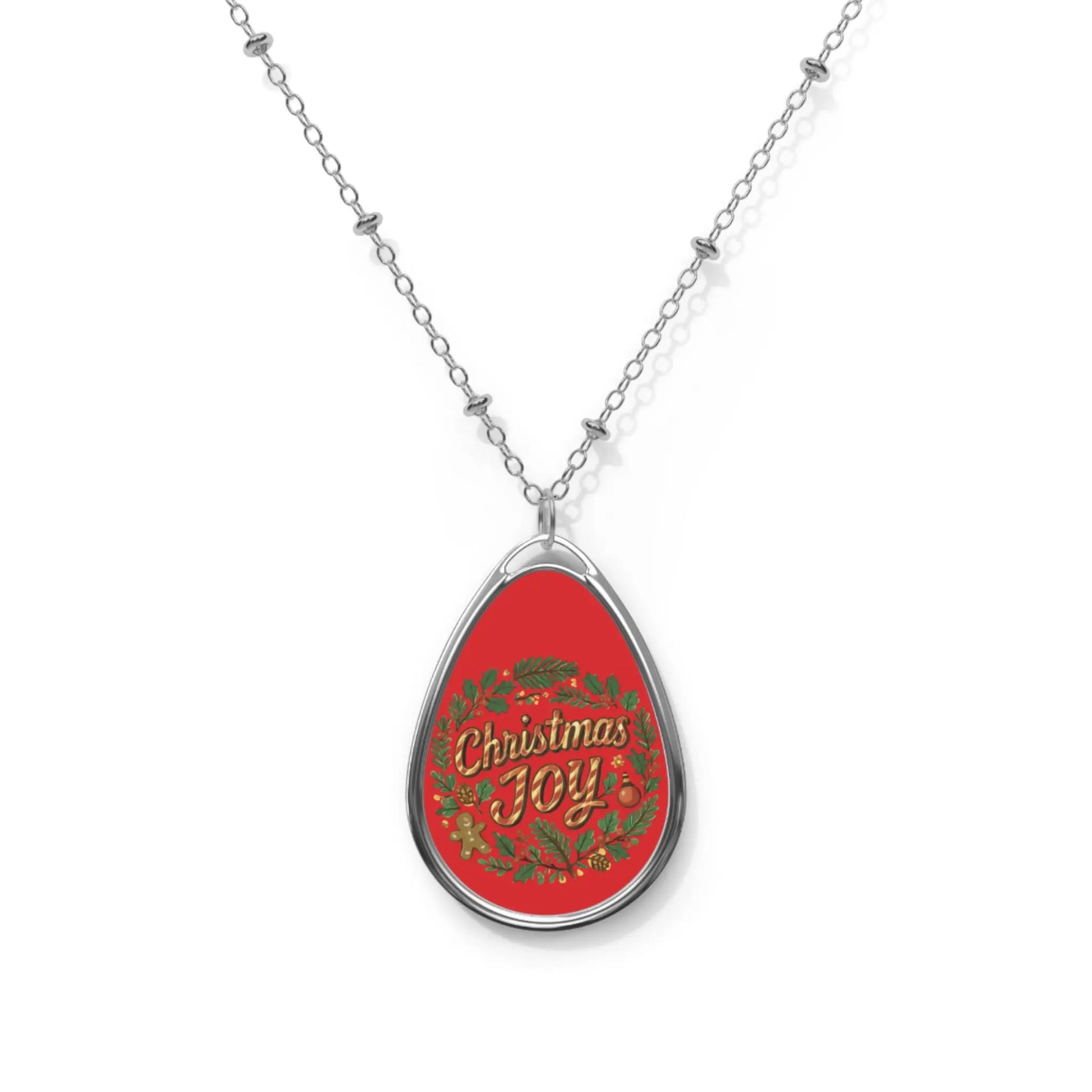 Christmas Joy Oval Necklace – Holiday Pendant Necklace with Festive Red Wreath Design Printify