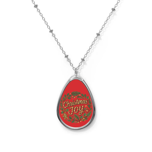 Christmas Joy Oval Necklace – Holiday Pendant Necklace with Festive Red Wreath Design Printify