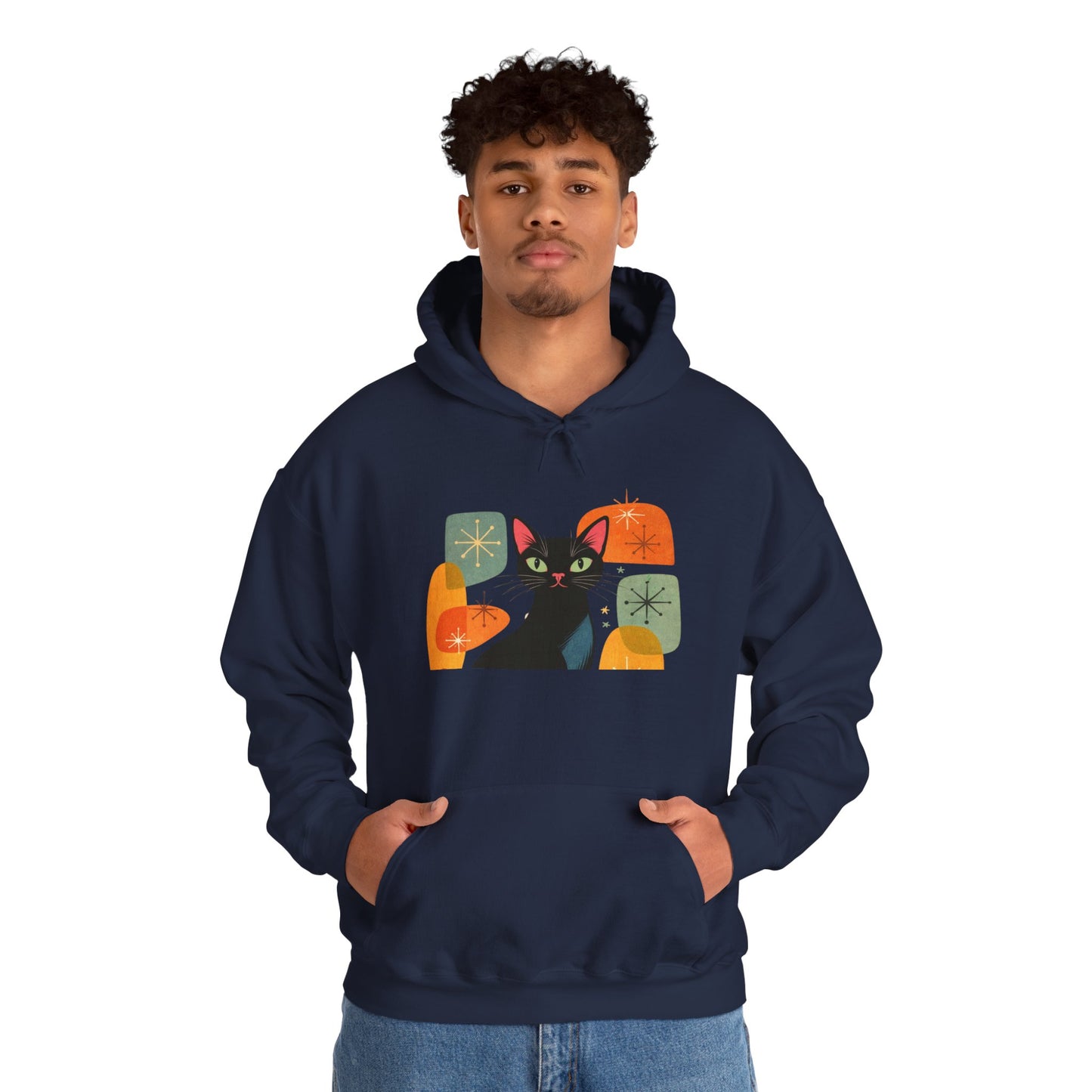 Mid-Century Modern Cat Hoodie — Retro Cool Graphic Sweatshirt
