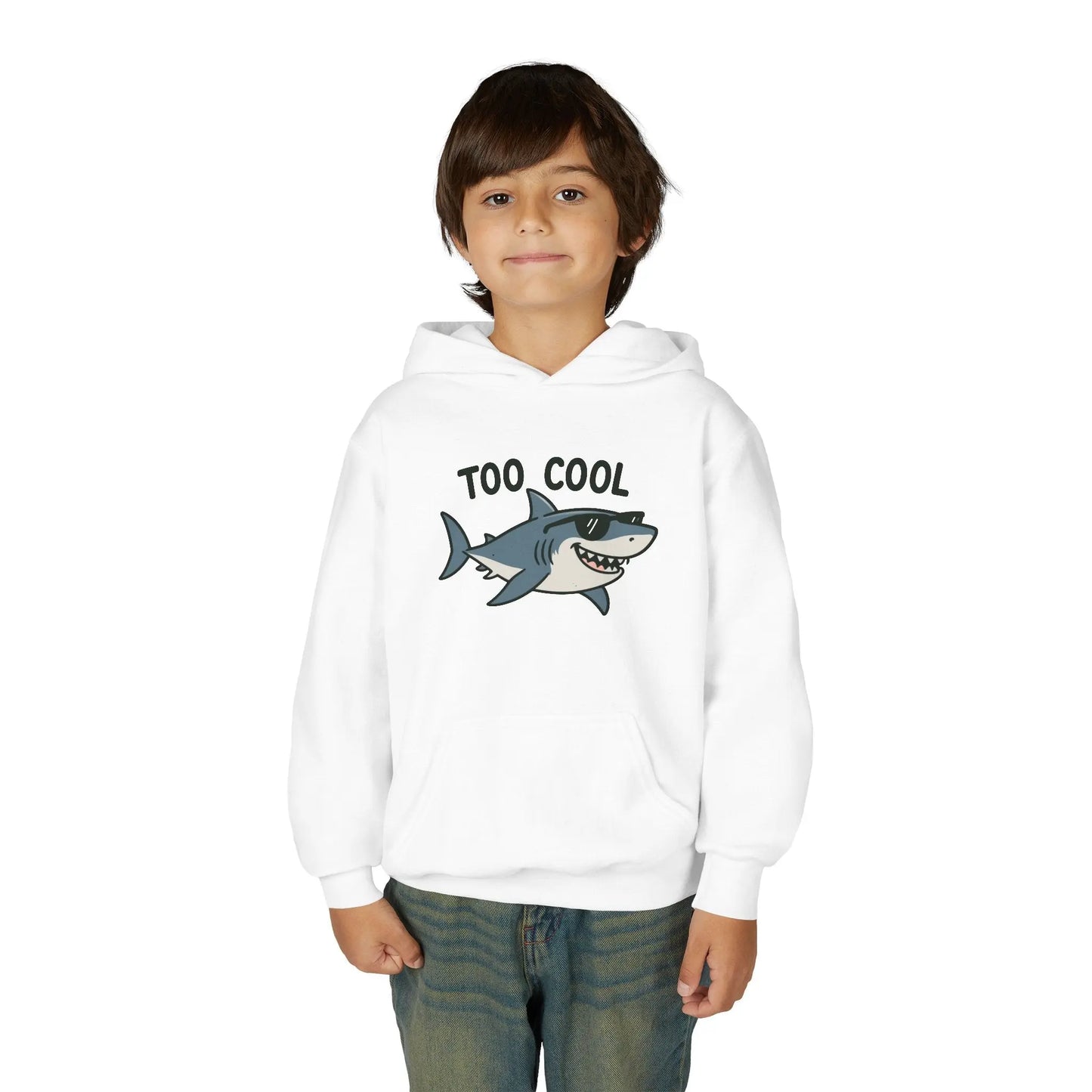 Youth Hoodie - 'Too Cool' Shark Graphic Pullover Printify