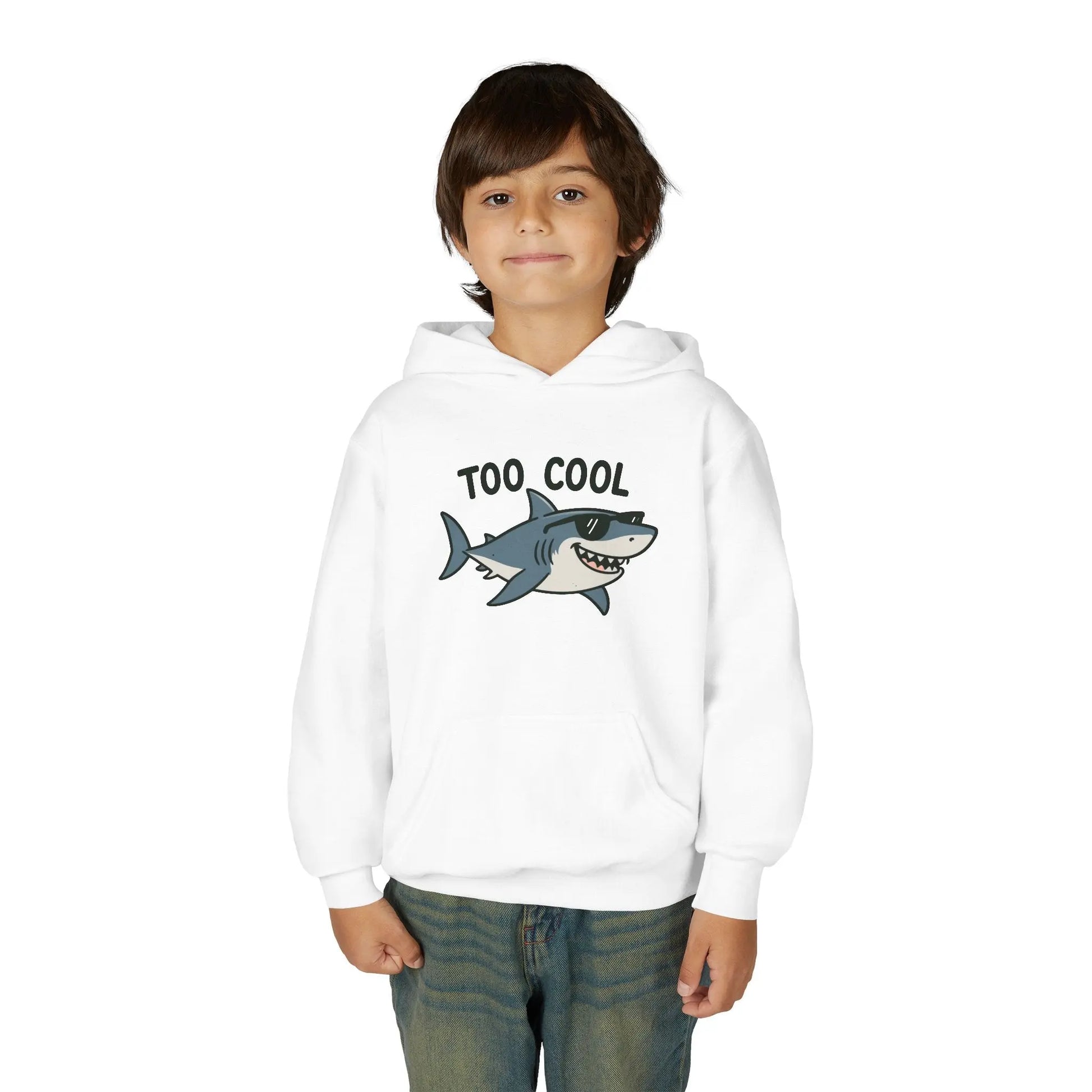 Youth Hoodie - 'Too Cool' Shark Graphic Pullover Printify