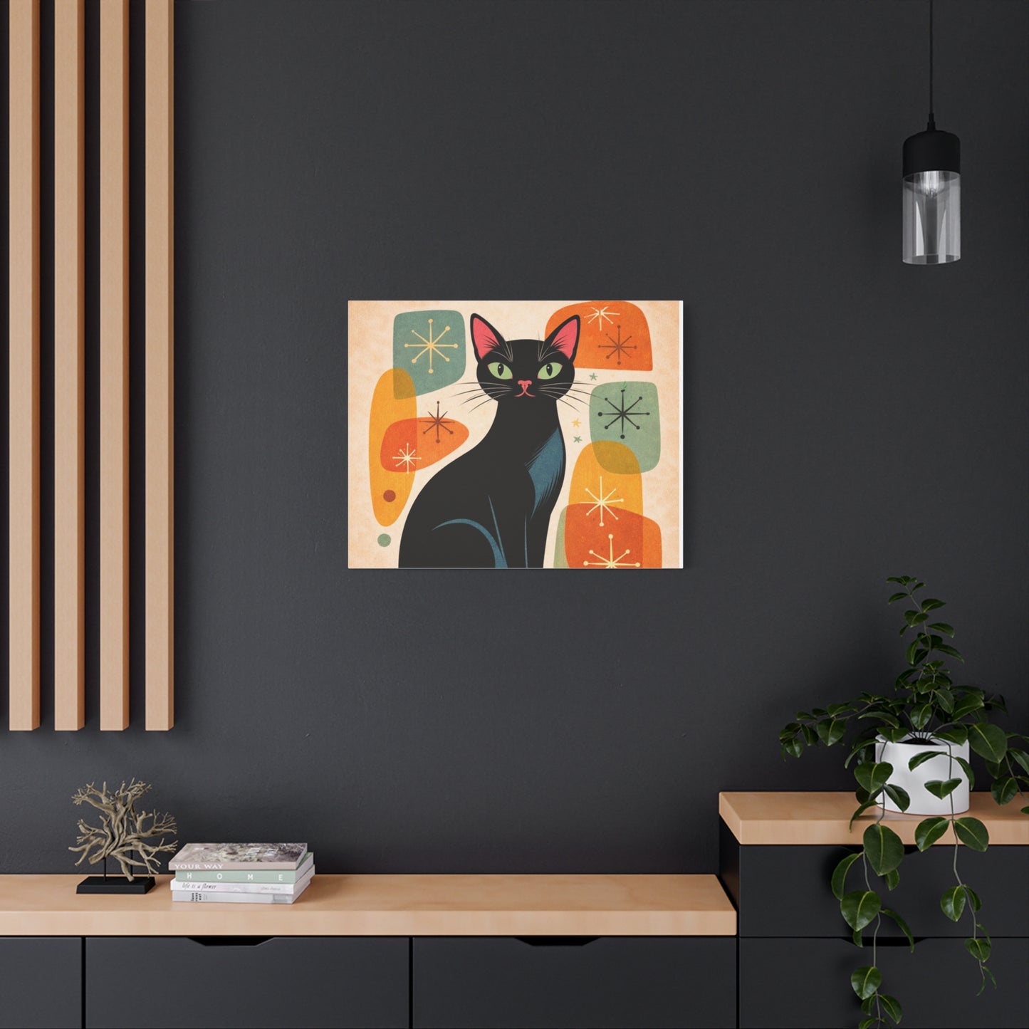 Mid-Century Modern Black Cat Canvas Print — Matte Stretched Wall Art