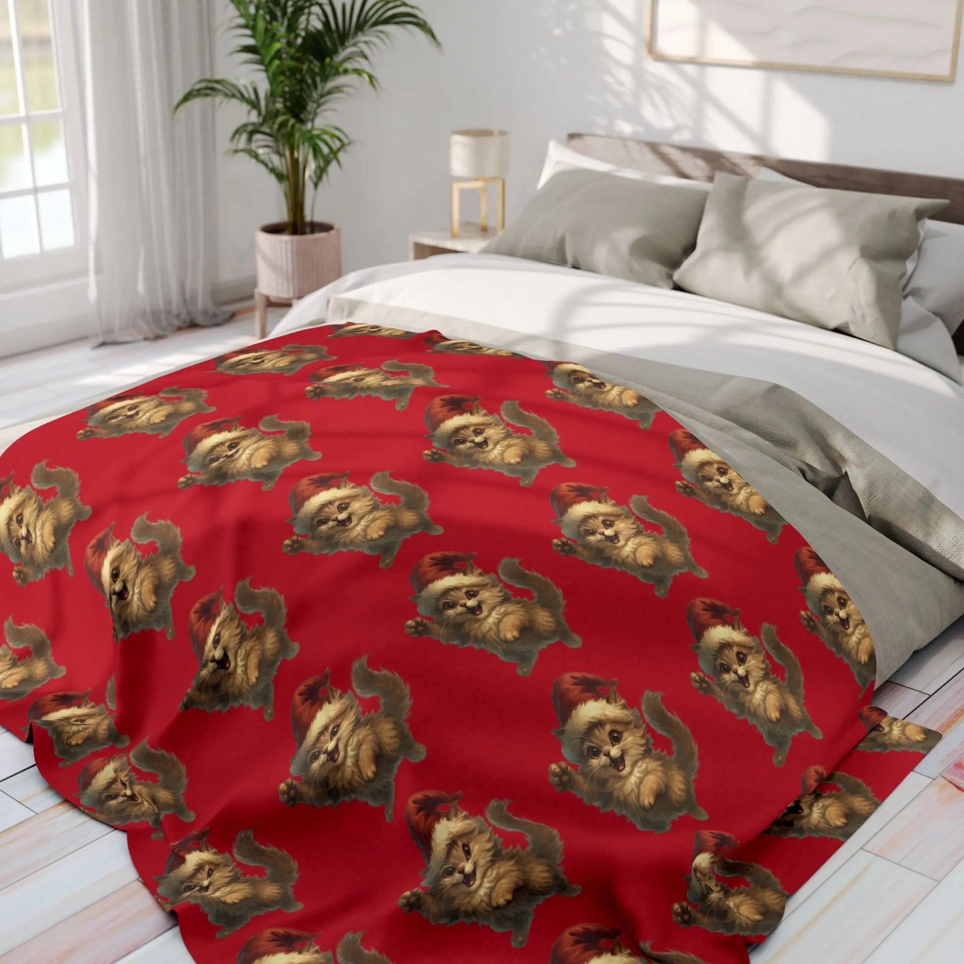 Santa Bear Pattern Fleece Blanket — Festive Red Holiday Throw Printify