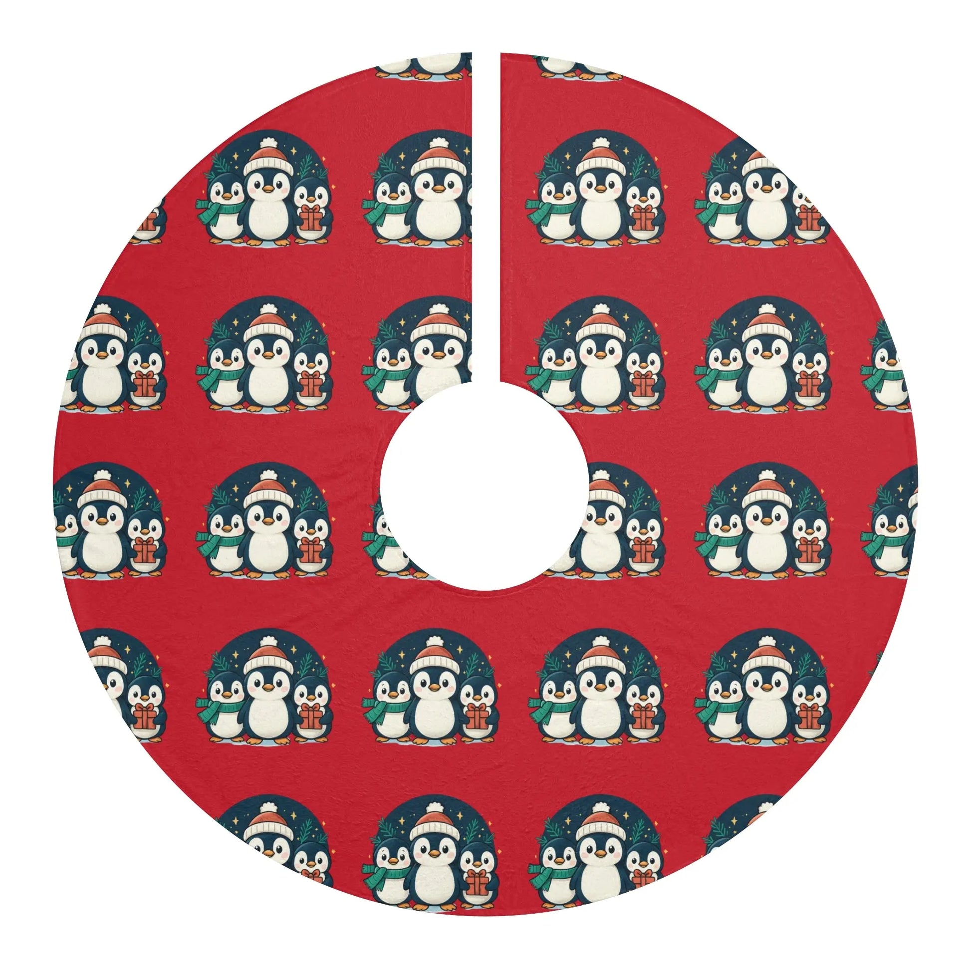 Penguin Family Christmas Tree Skirt — Festive Red Holiday Decor Printify