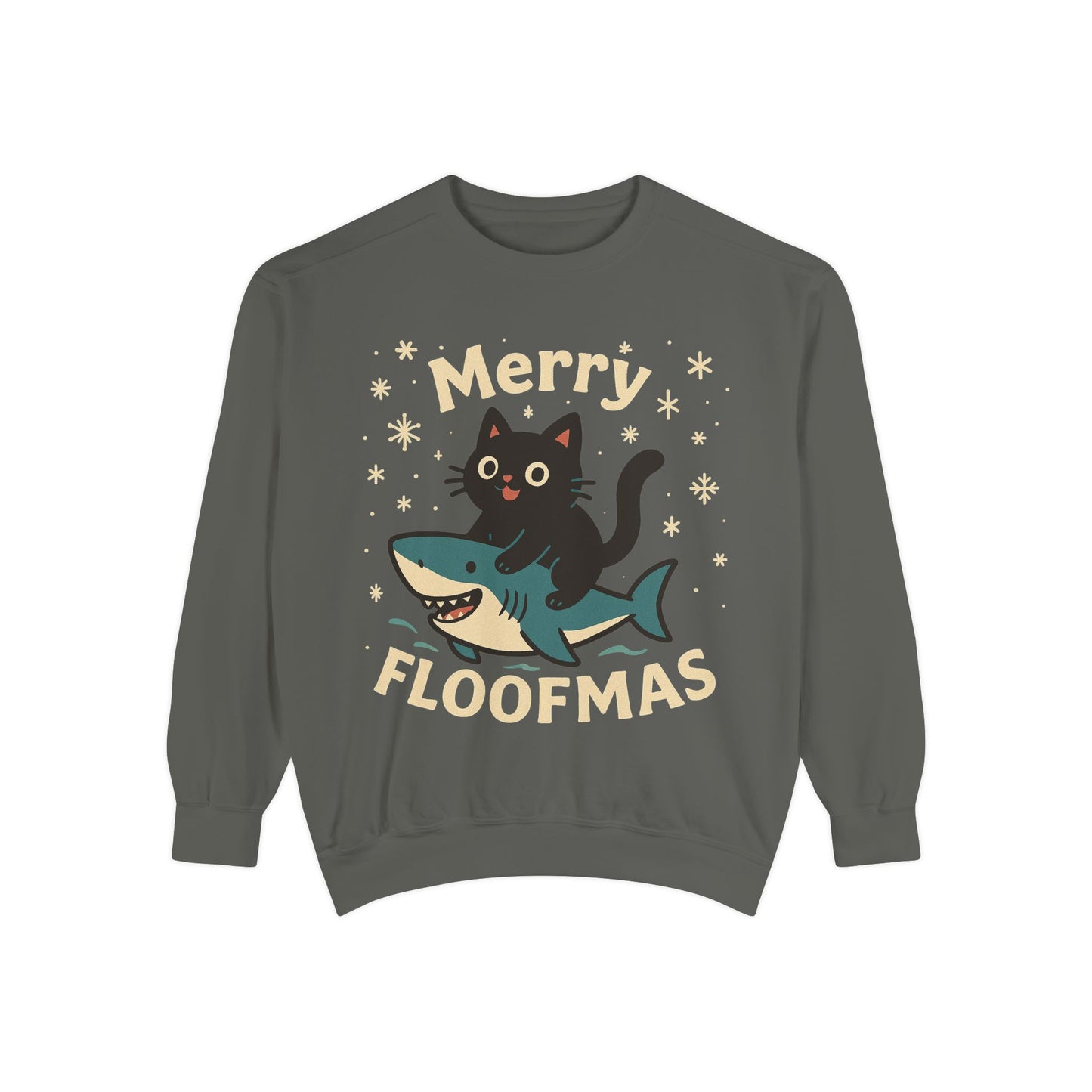 Merry Floofmas Sweatshirt — Cute Cat Riding Shark Holiday Sweater