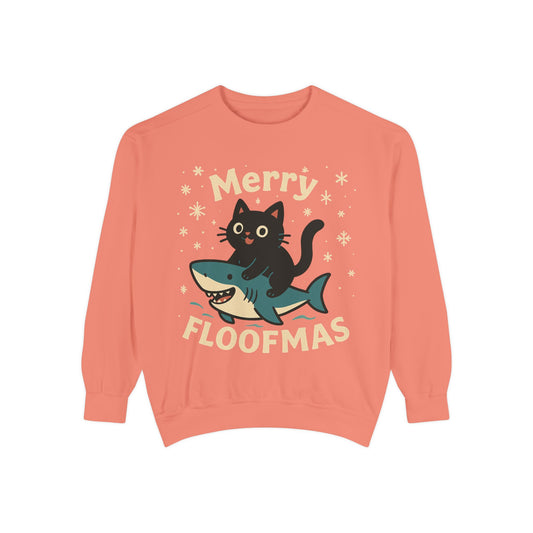 Merry Floofmas Sweatshirt — Cute Cat Riding Shark Holiday Sweater