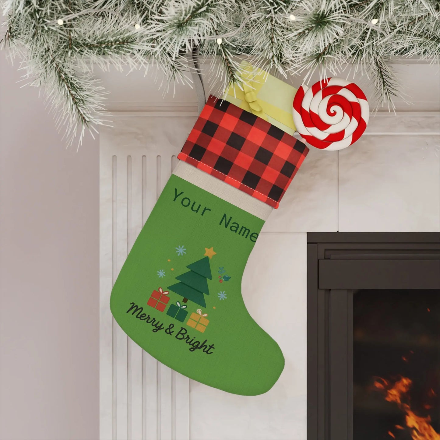 Personalized Merry & Bright Christmas Stocking – Buffalo Plaid Cuff, Custom Name Holiday Decor Printify