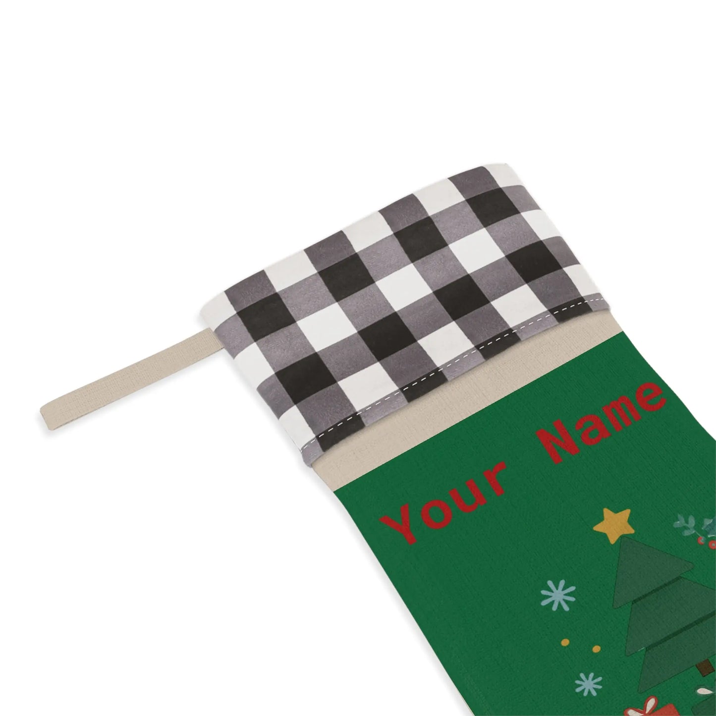 Personalized Merry & Bright Christmas Stocking – Buffalo Plaid Cuff, Custom Name Holiday Decor Printify