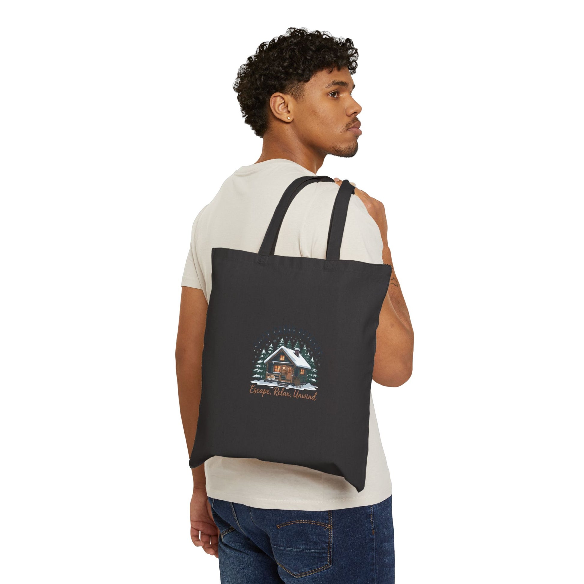 Cozy Cabin Retreat Tote, mountain silhouette design | cozy lodge aesthetic Printify