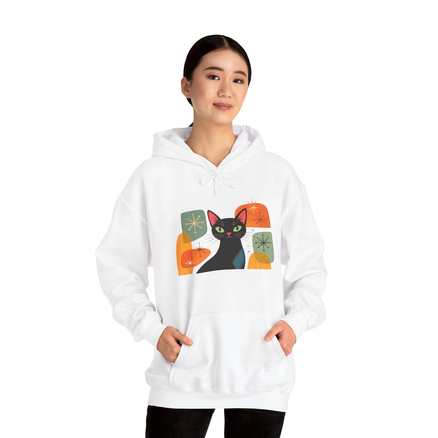 Mid-Century Modern Cat Hoodie — Retro Cool Graphic Sweatshirt