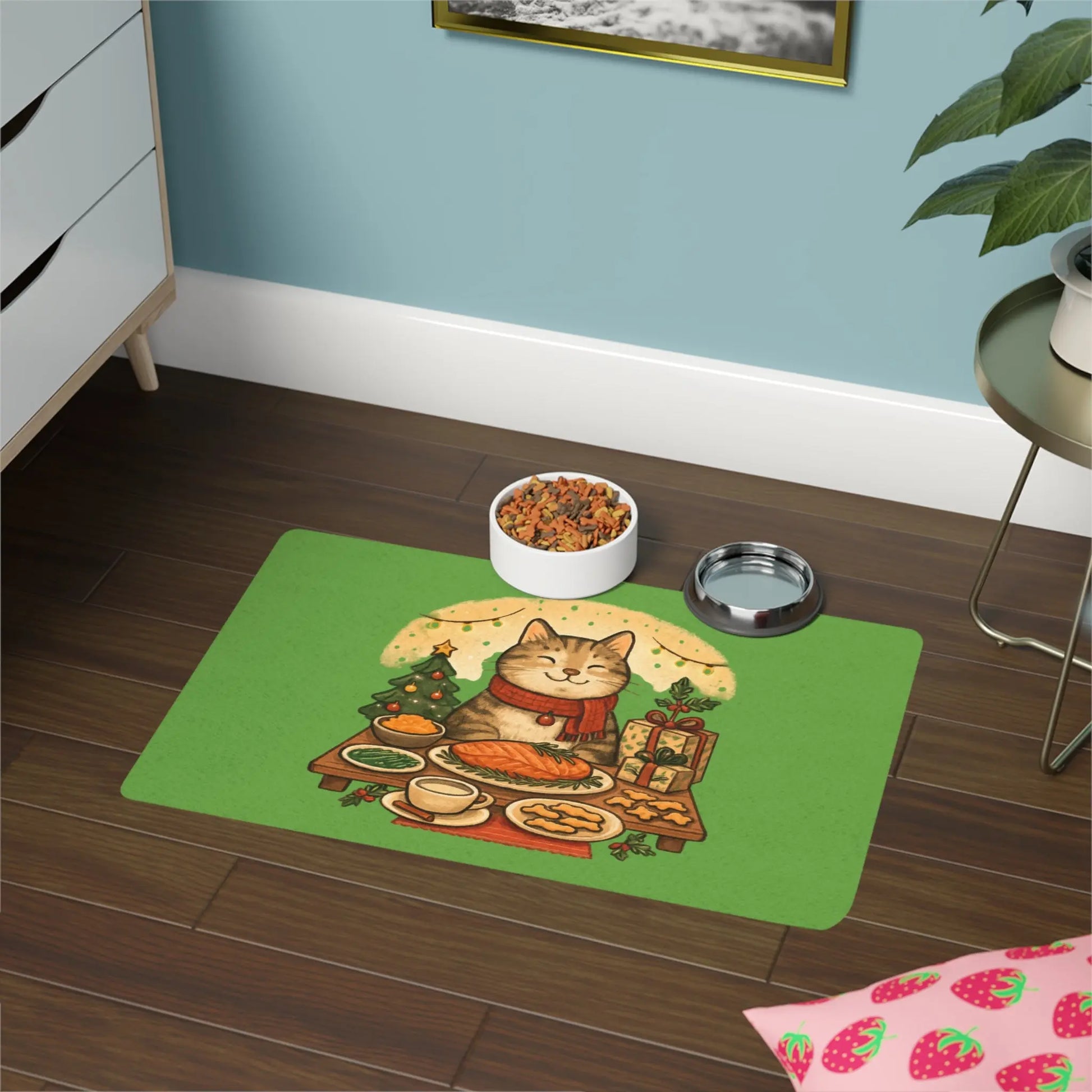 Holiday Cat Feast Pet Food Mat | 12x18 Christmas Cat Placemat Printify