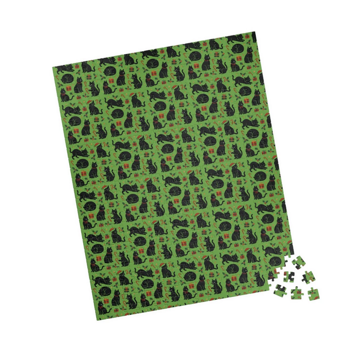 Green Christmas Cats Puzzle – Spooky Cat Pattern Jigsaw (110/252/520/1014 pcs) Printify