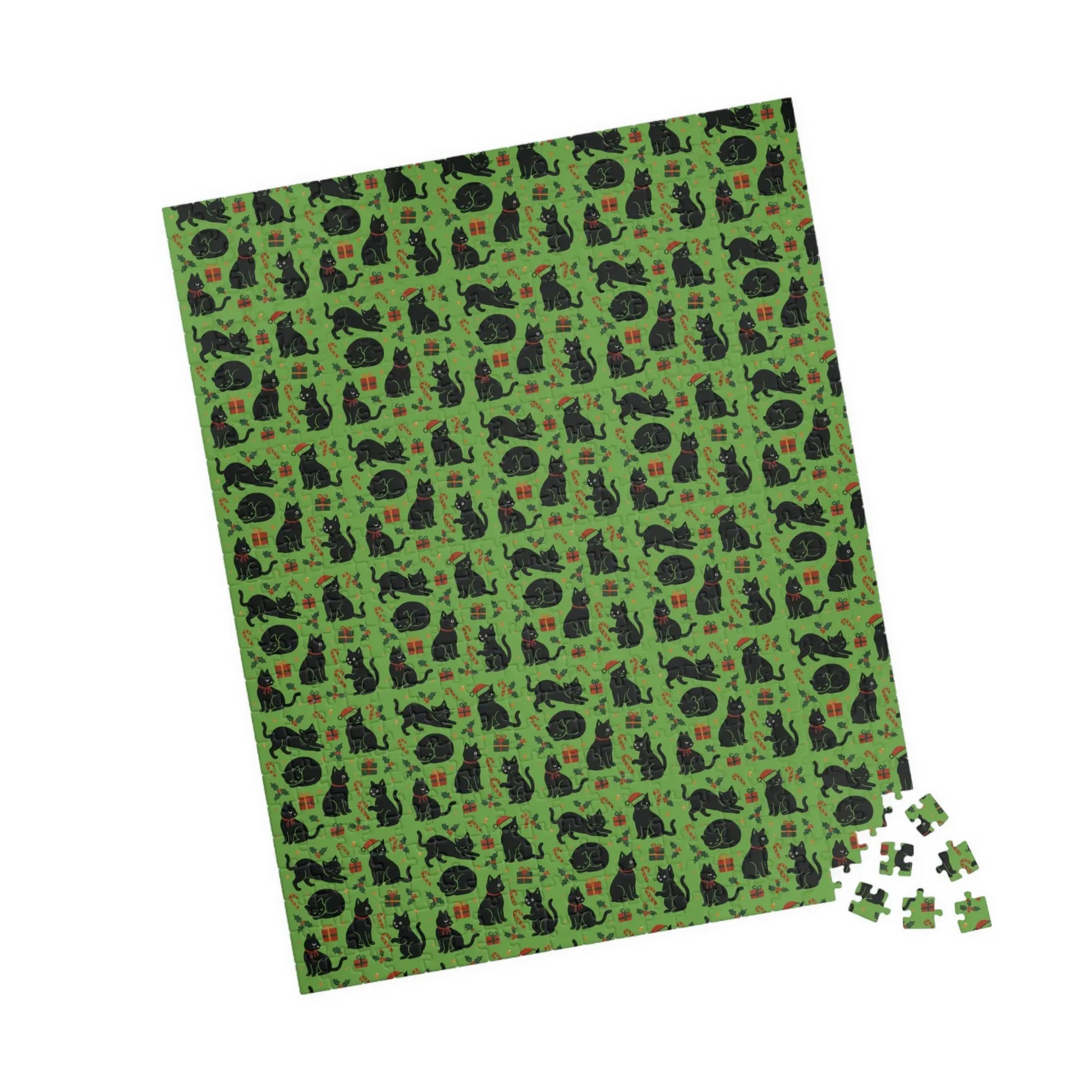 Green Christmas Cats Puzzle – Spooky Cat Pattern Jigsaw (110/252/520/1014 pcs) Printify
