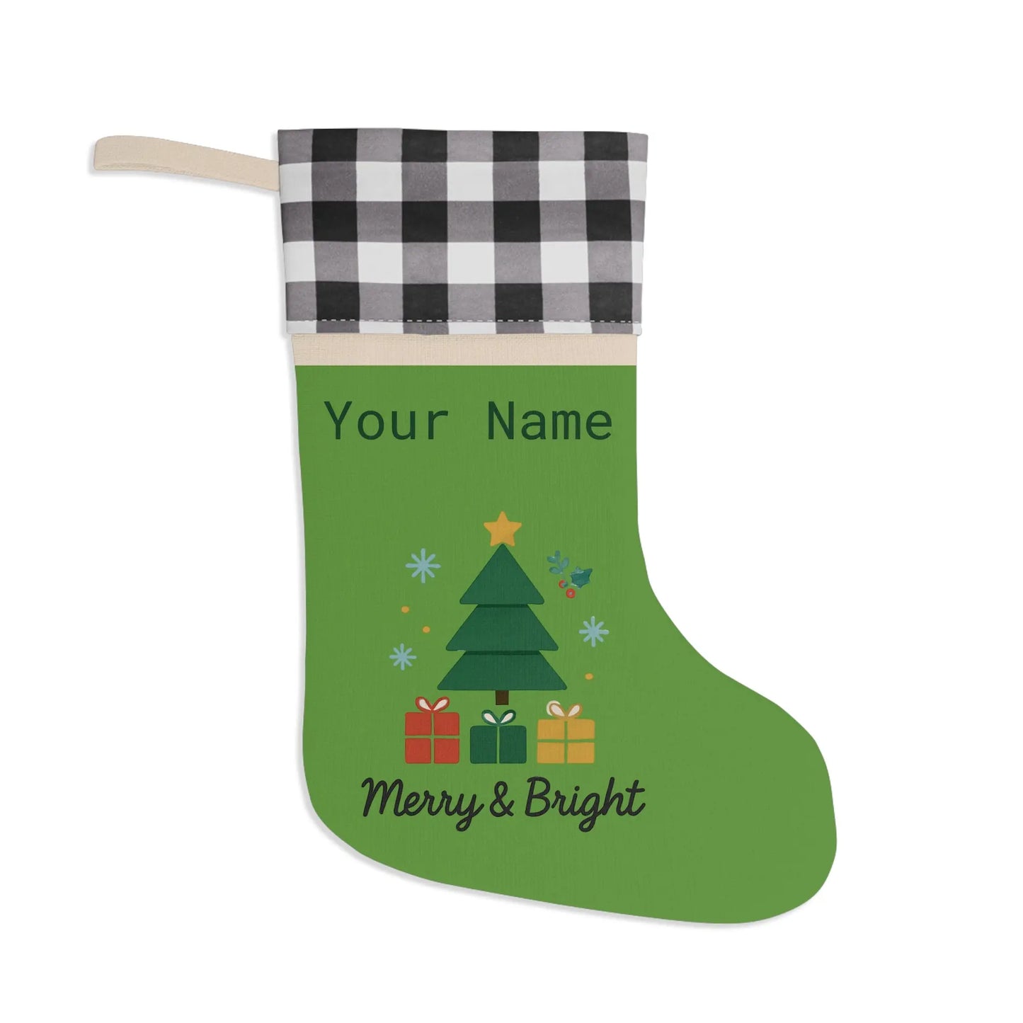Personalized Merry & Bright Christmas Stocking – Buffalo Plaid Cuff, Custom Name Holiday Decor Printify