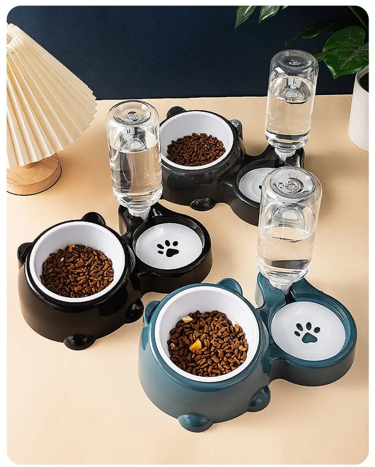 Cat Food And Water Bowl Set - 16 Degree Tilted Dog Dish With Water Dispenser Removable Pet Feeder Bowl Dog Drinking