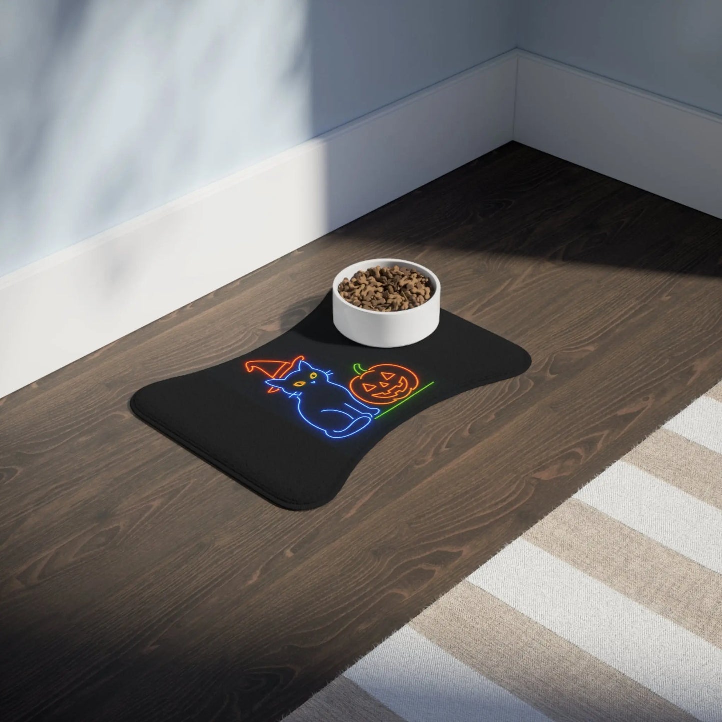 Halloween Cat & Pumpkin Pet Feeding Mat, Festive Pet Food Tray, Dog Bowl Mat, Cat Feeding Station, Holiday Pet Decor - FloofChonk