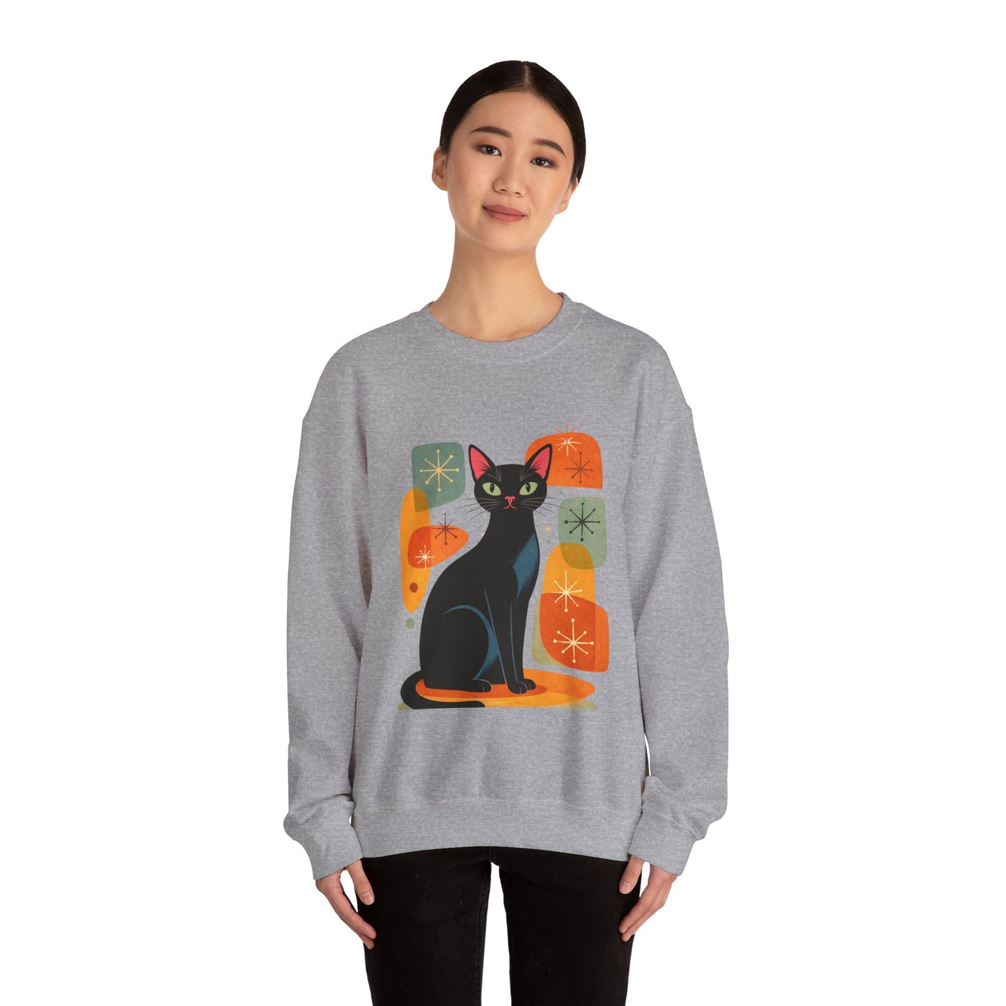 Retro Black Cat Crewneck Sweatshirt — Vintage Cat Graphic