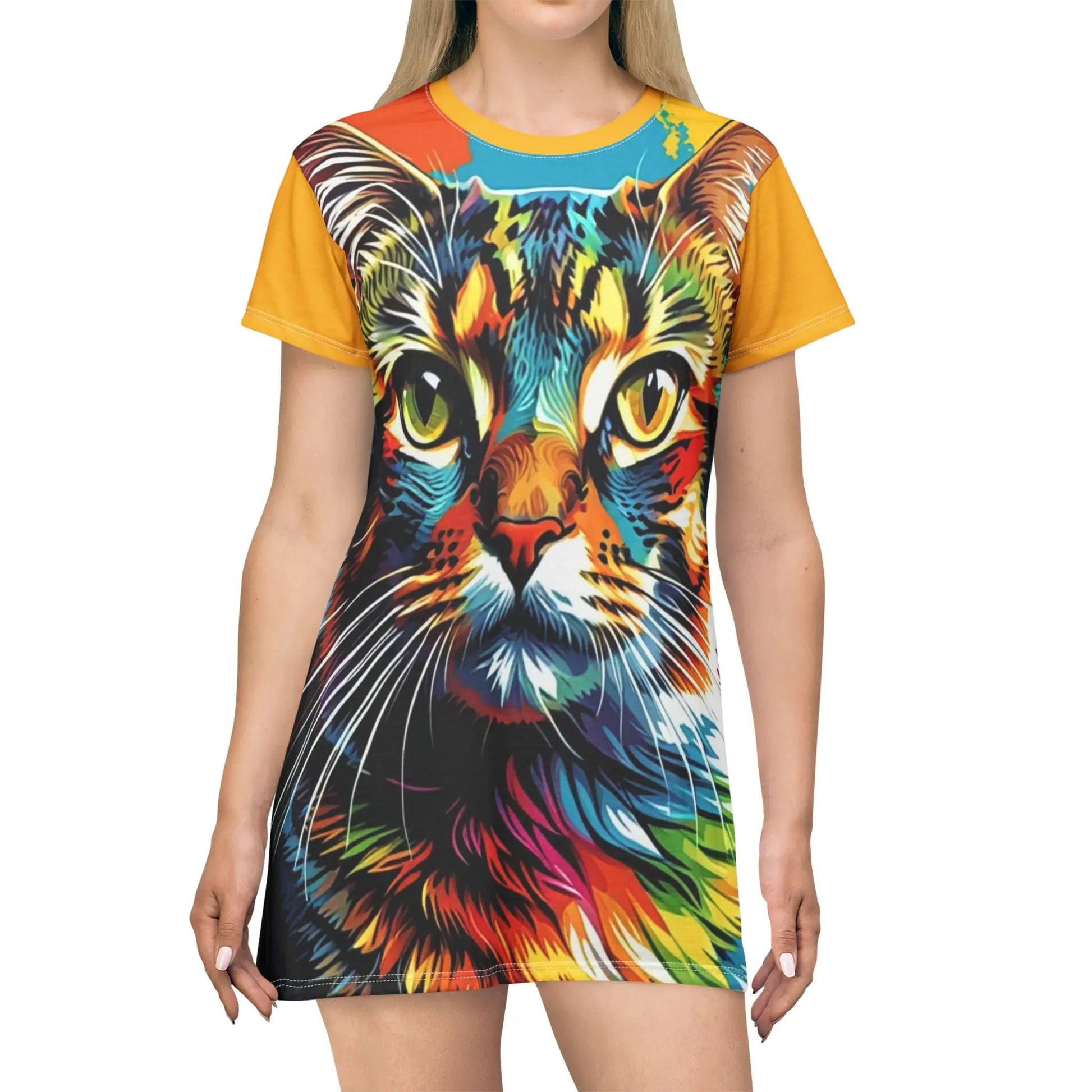 Colorful Cat Face T-Shirt Dress — Vibrant All-Over Print Cat Portrait Printify