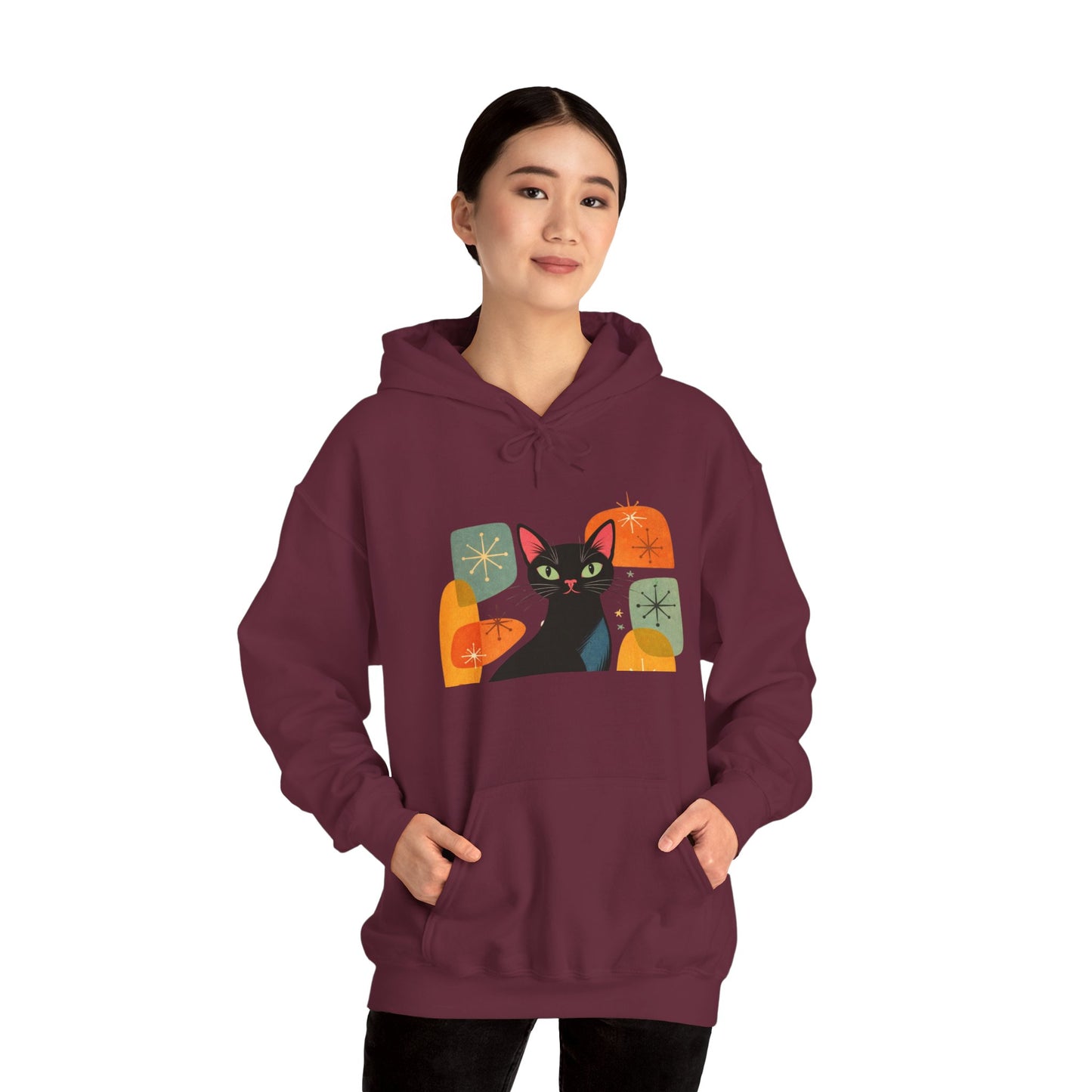 Mid-Century Modern Cat Hoodie — Retro Cool Graphic Sweatshirt