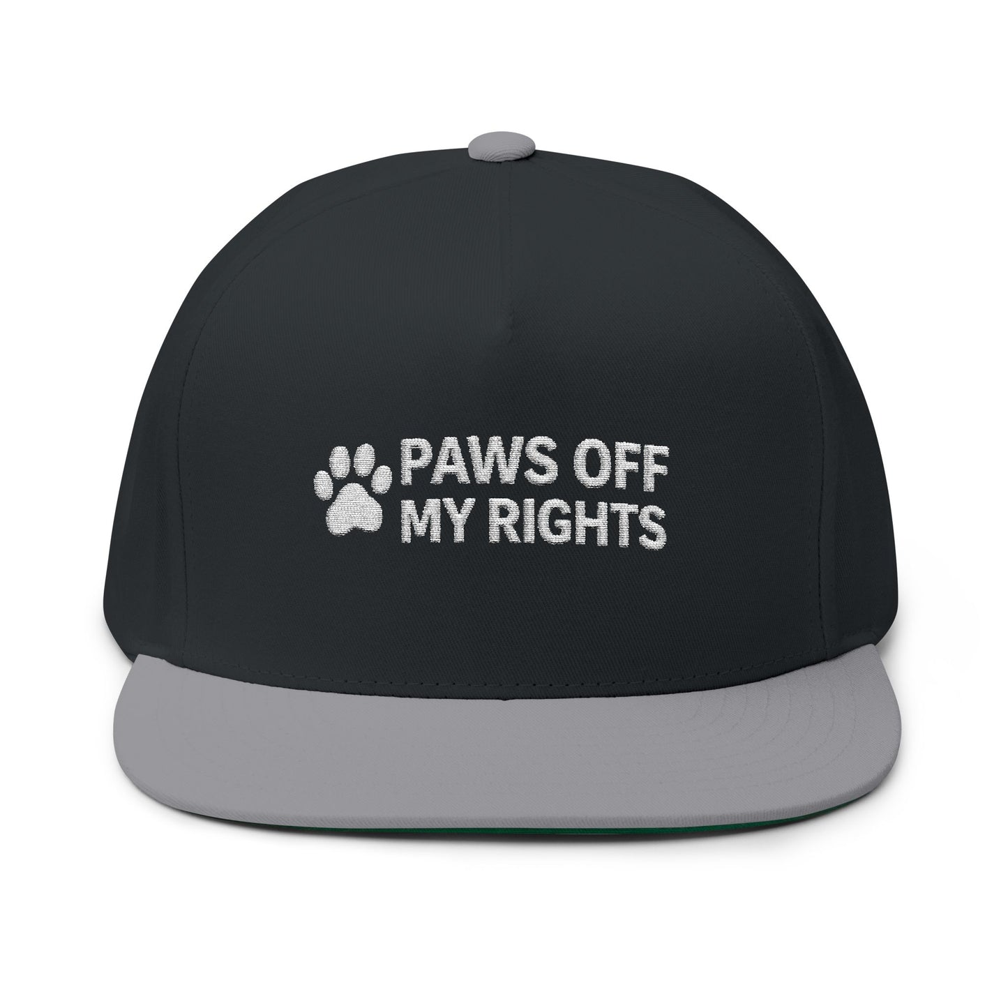 Paws Off My Rights Flat Bill Cap — Embroidered Cat Paw Freedom Hat