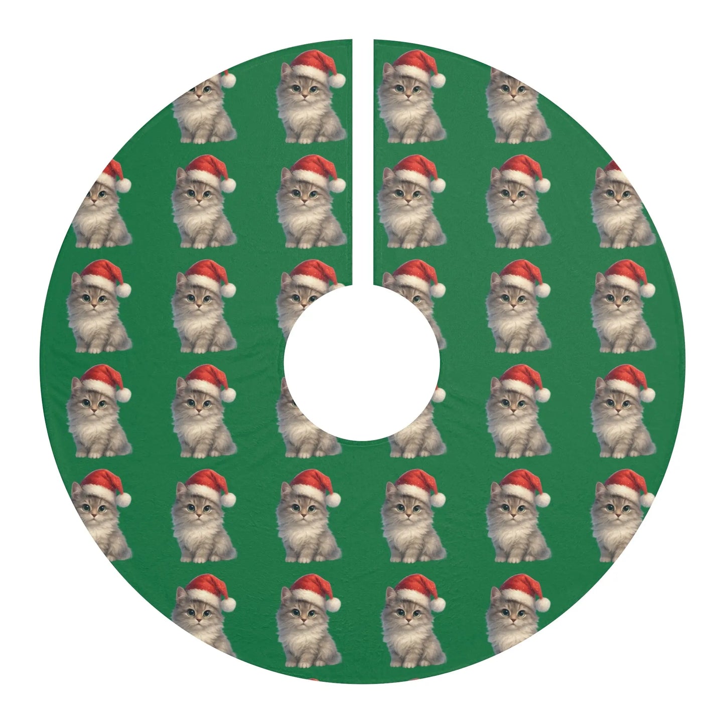 Cute Kitten Santa Christmas Tree Skirt — Green Holiday Tree Skirt with Santa Hat Kittens Printify