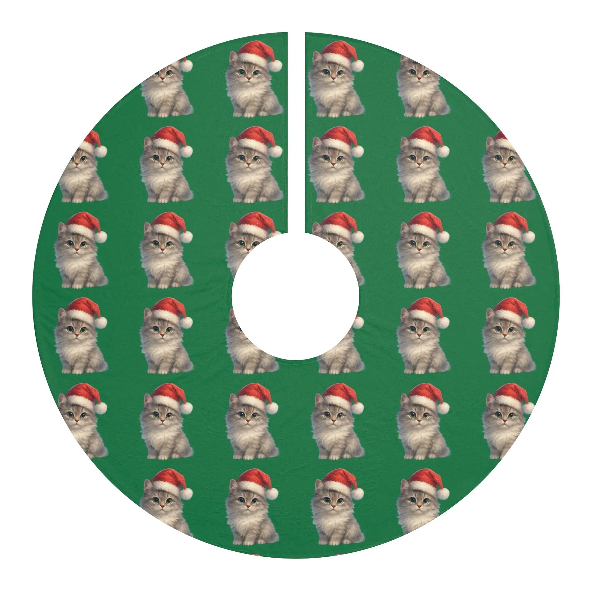 Cute Kitten Santa Christmas Tree Skirt — Green Holiday Tree Skirt with Santa Hat Kittens Printify