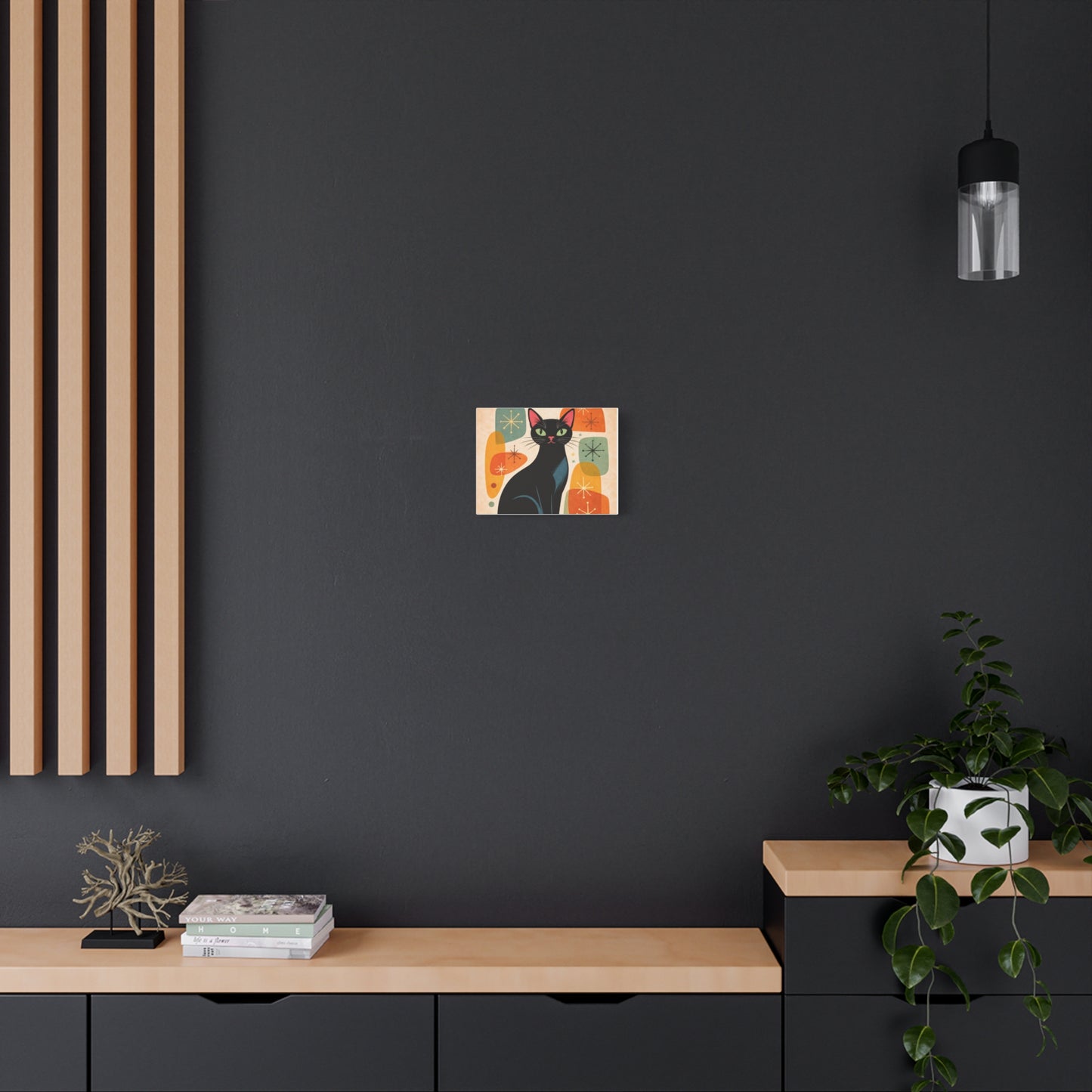 Mid-Century Modern Black Cat Canvas Print — Matte Stretched Wall Art