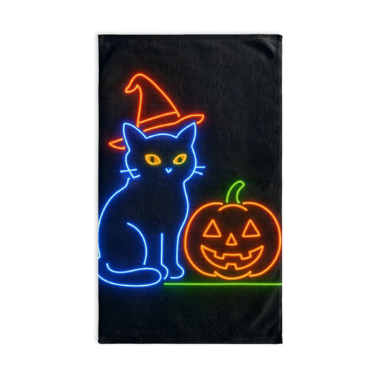 Neon Halloween Cat Hand Towel, Halloween Kitchen Decor, Cat Lover Gift, Spooky Home Towel, Pumpkin Design, Halloween Dish Towel, Halloween