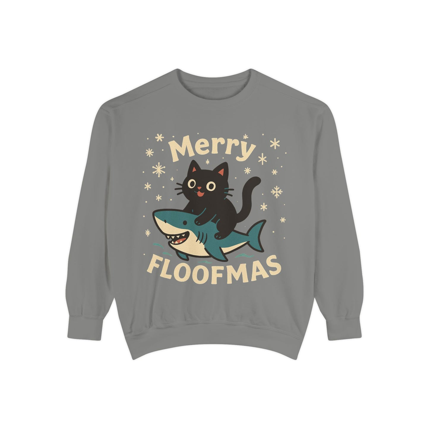 Merry Floofmas Sweatshirt — Cute Cat Riding Shark Holiday Sweater